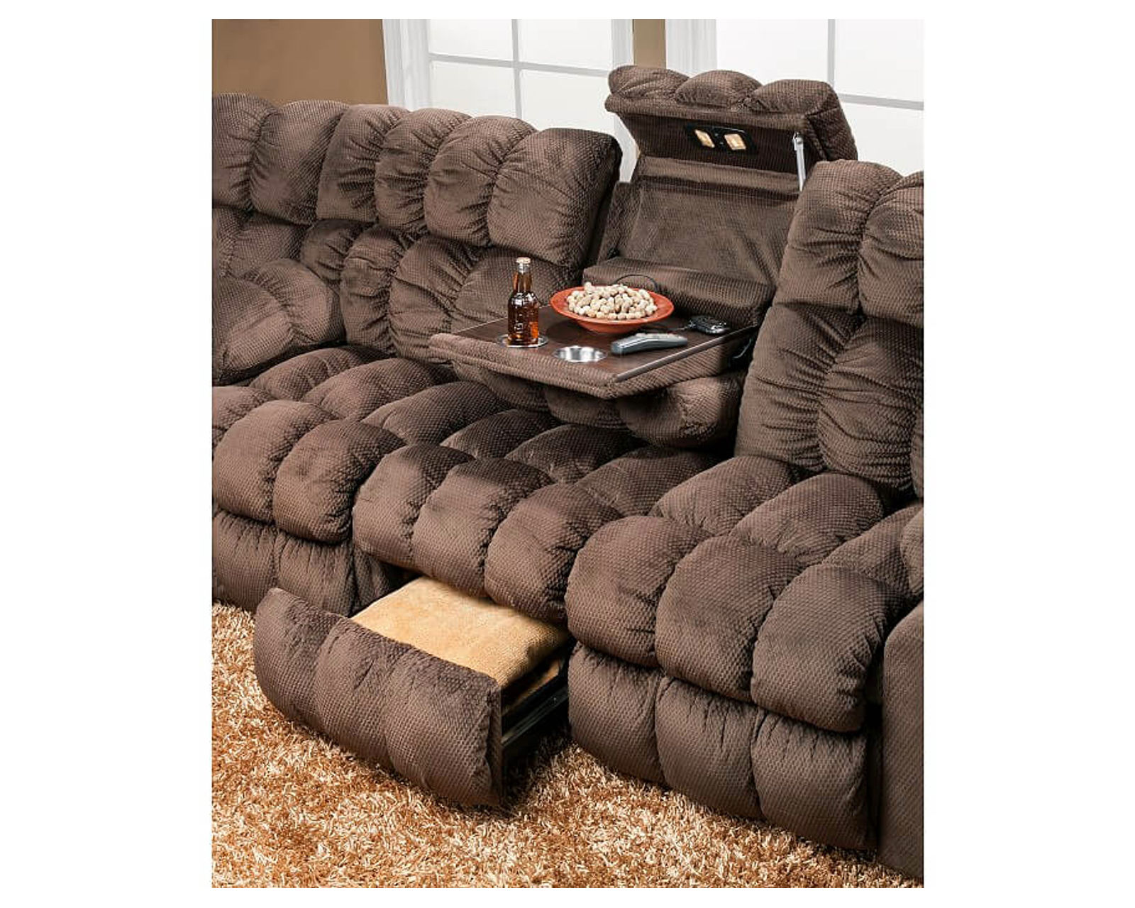 Brayden 88" Reclining Sofa with Drop-Down Table, Lights & Storage Drawer (Plush Comfort. Built-In Convenience. Made for Everyday Relaxation) - Center Drop Down Table Features Cup Holders, Lights and Pull Out Storage Drawer