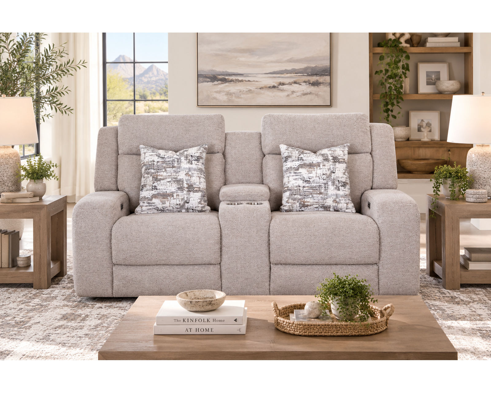 Logan 92" Reclining Sofa with Drop-Down Table & Cupholders (Modern Comfort. Smart Convenience. Available Neori™ Air Massage) - Shown in Durable Polyester Color Storm