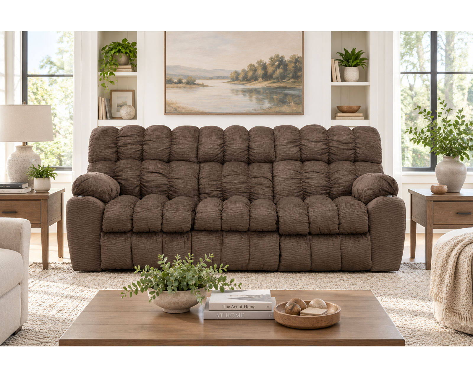 Brayden 88" Reclining Sofa with Drop-Down Table, Lights & Storage Drawer (Plush Comfort. Built-In Convenience. Made for Everyday Relaxation) - Shown in a Long Wearing Durable Polyester Fabric Color Umber