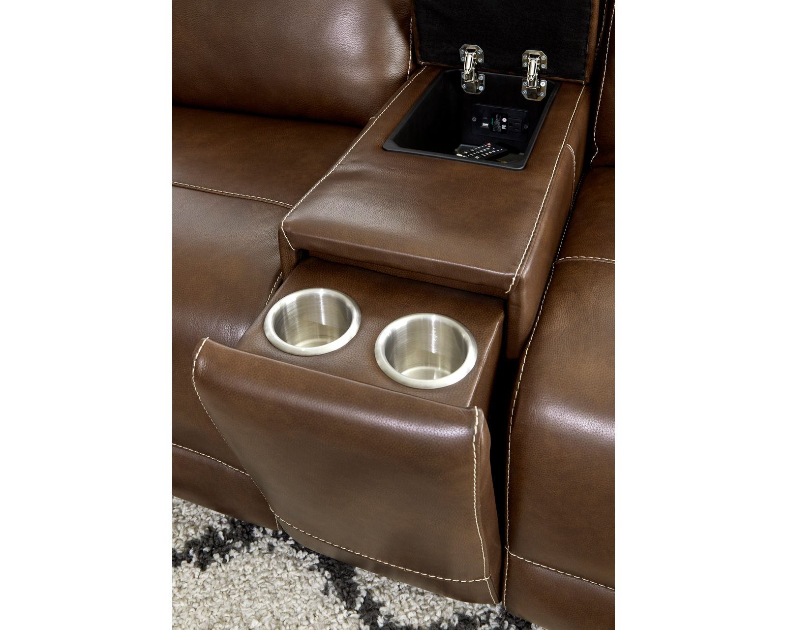 Jameson 89" Zero Gravity Power Headrest Power Reclining Leather Sofa (In stock -Fast shipping) - Center console with USB, power, storage and cupholders