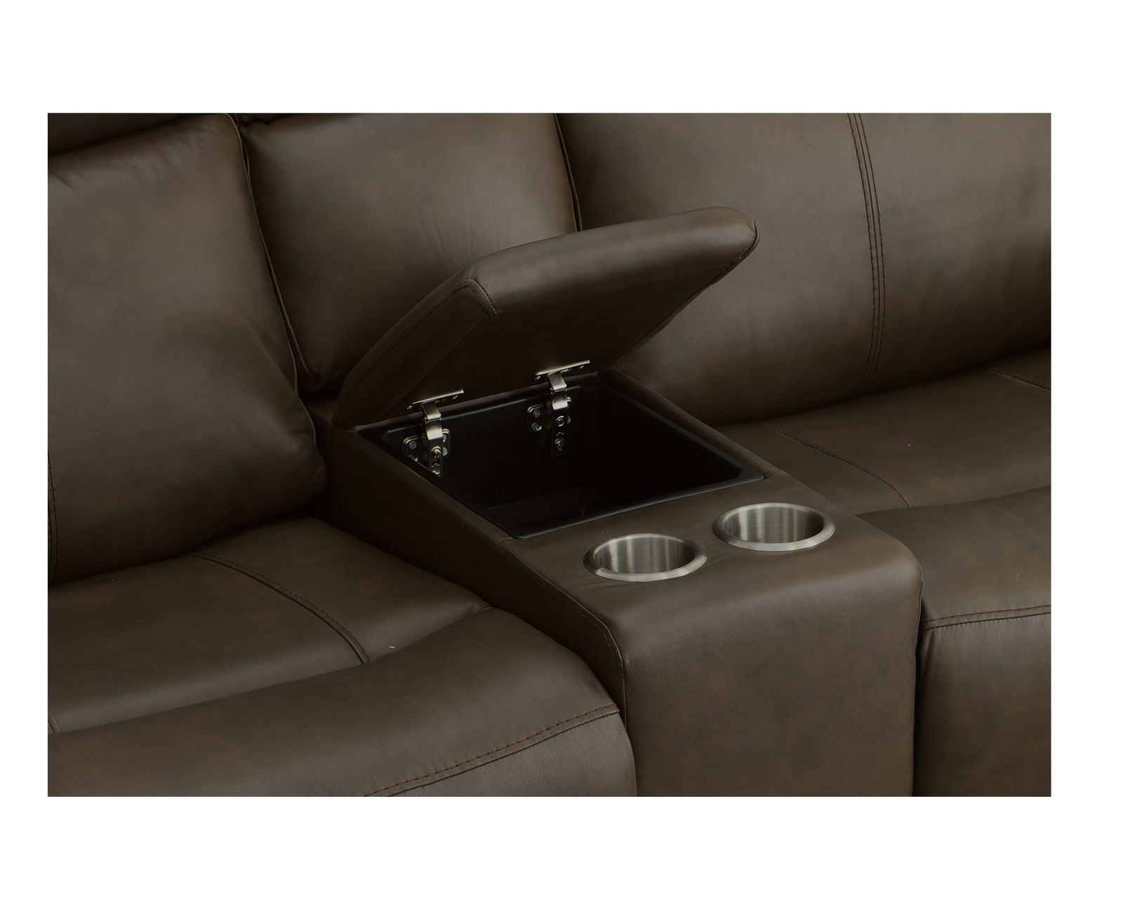 Barnett Power Reclining Sofa with Power Headrests and Lumbar (Dark Brown leather) 87" - in stock - Console features storage, cupholders and USB charging