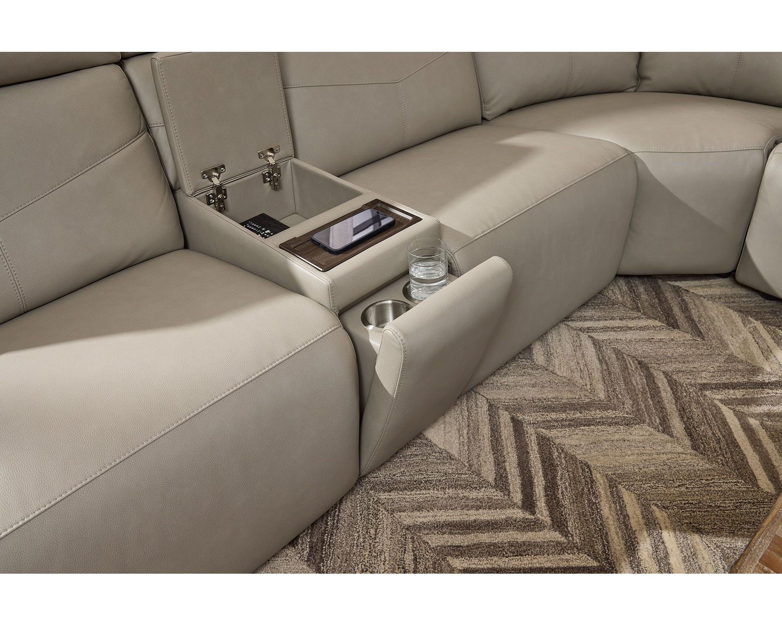 Vernon 1592 Triple Power Reclining Sectional with Heat and Massage (2 colors) 386-01 - In stock - Drop-down back cushion contains a storage compartment with USB-A and USB-C charging ports, wireless charging tray, two cupholders and touch-lighting