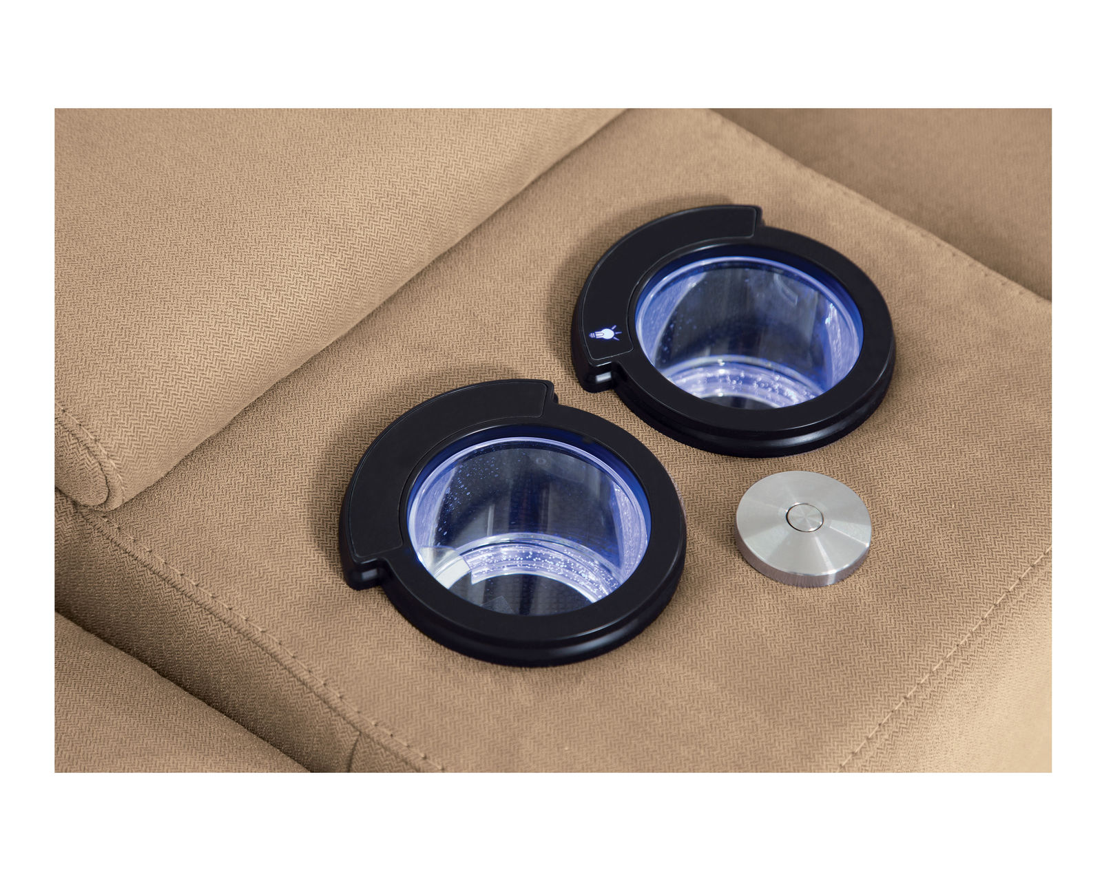 Titan 44004 Power Headrest Power Reclining Sectional (+50 fabrics) - Titan Storage Entertainment Console w/ Cupholders & Wireless Charging