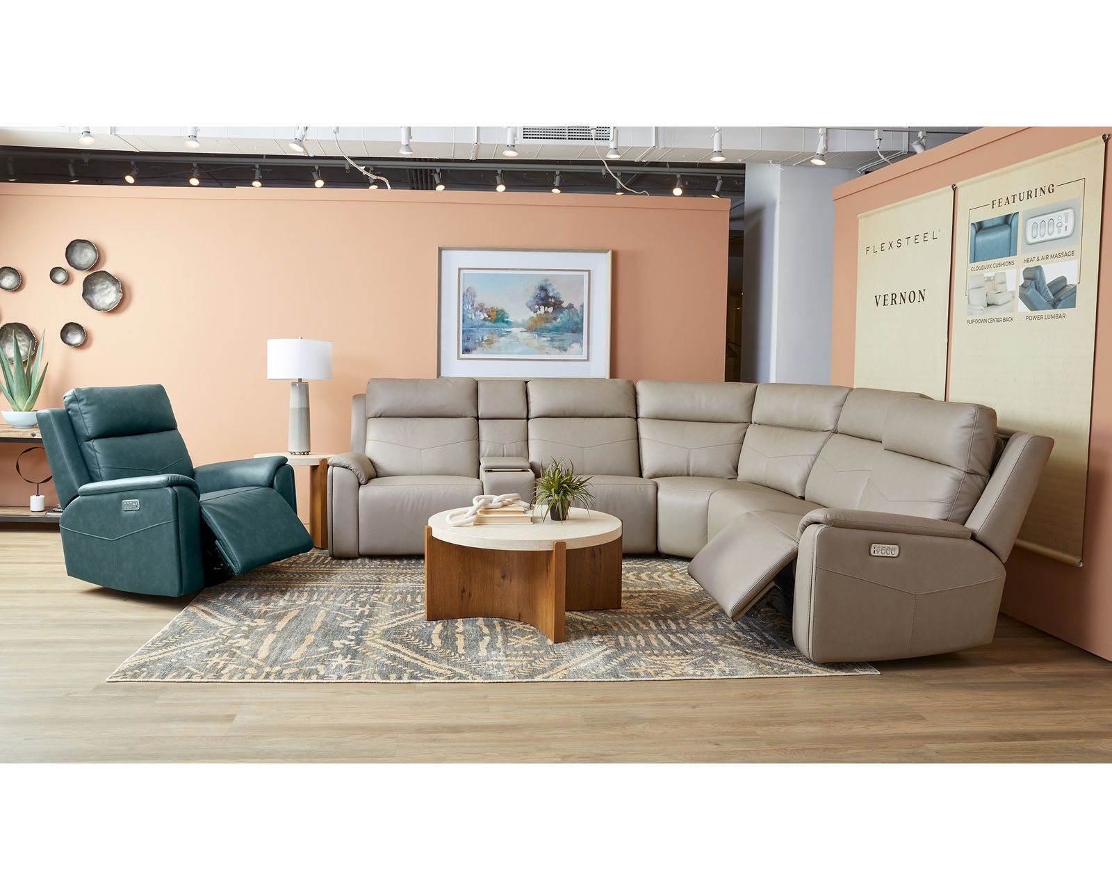 Vernon 1592 Triple Power Reclining Sectional with Heat and Massage (2 colors) 386-01 - In stock - Layout A: Six Piece Reclining Sectional 124" x 111" (2 recliners