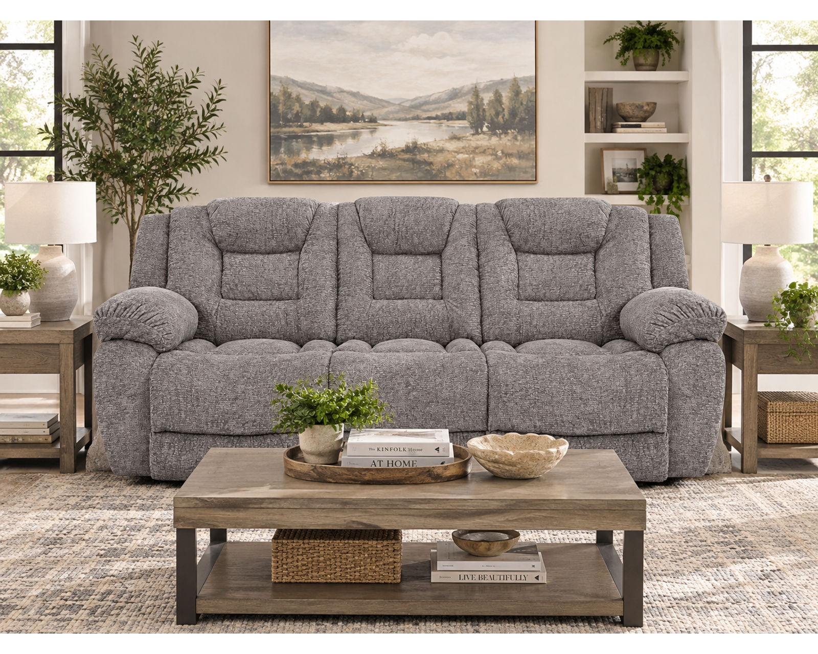 Hayworth 95" Reclining Sofa Ash (Luxury Comfort Without the Price) - Shown in Durable Polyester Fabric Color Ash