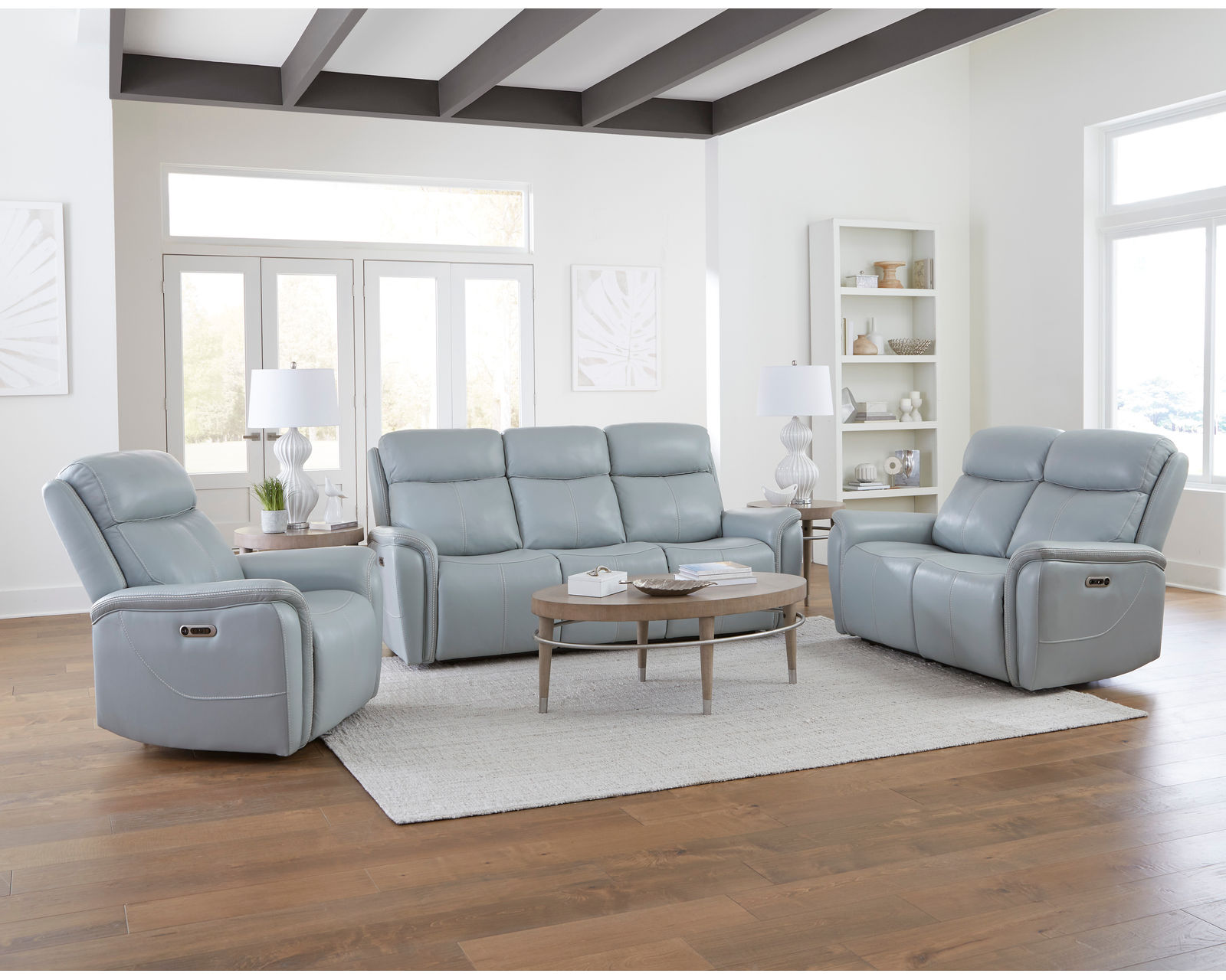 Cascade 83" Power Headrest Power Leather Reclining Sofa Seamist (In stock - Fast Shipping)