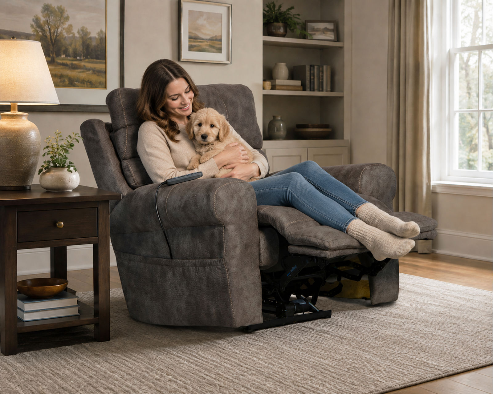 Tranquility 87" Power Reclining Lay Flat Sofa with Power Headrests, Deep Tissue Massage, Heat & Center Drop-Down Table (includes pillows) - From Movie Night to Every Night—Comfort Lives Here.