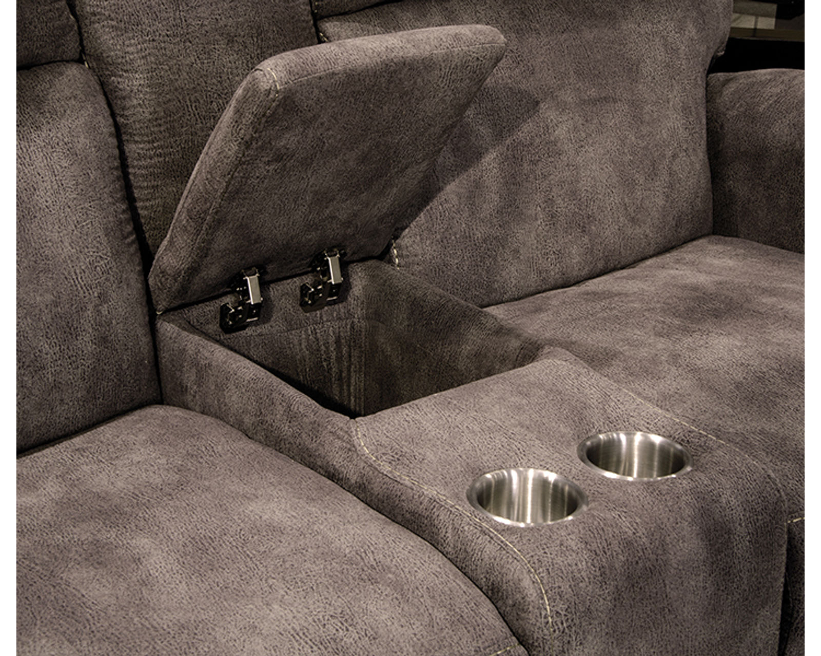 Tranquility 87" Power Reclining Lay Flat Sofa with Power Headrests, Deep Tissue Massage, Heat & Center Drop-Down Table (includes pillows) - Console Features Metal Cupholders and Storage