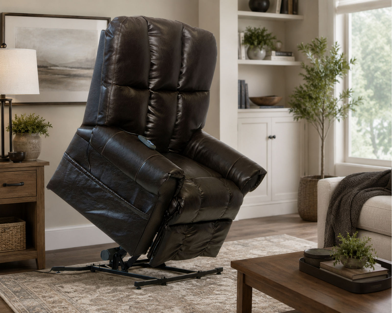 Stallworth Big Man’s Heavy-Duty Power Lift Full Lay-Out Chaise Recliner 450 Pounds Rated (2 colors) - Shown In Leather Like Fabric Godiva