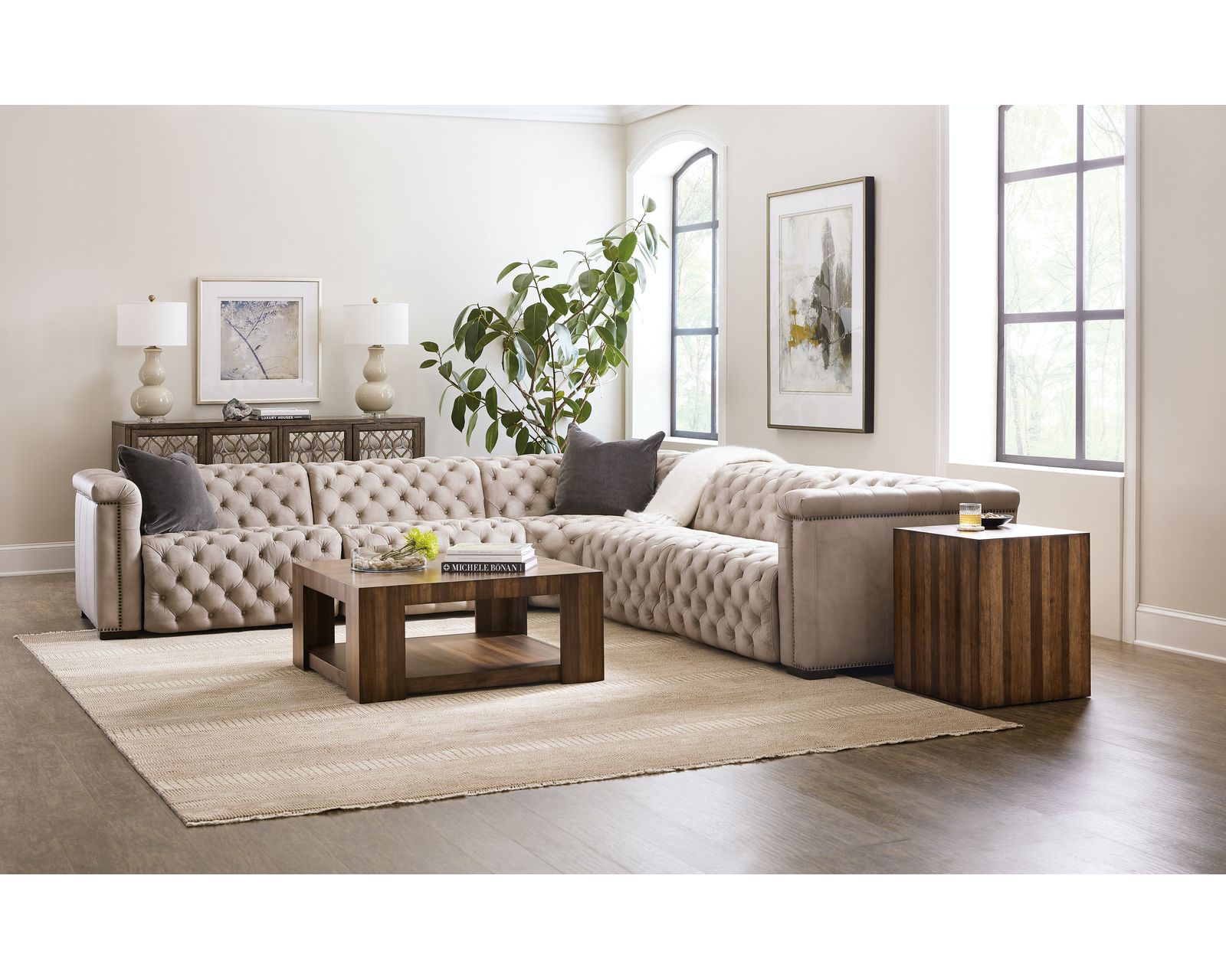 Savion Grandier Five Piece Leather Sectional with 2 Power Headrest Power Recliners (Taupe) - Savion Grandier Six Piece Leather Sectional with 3 Power Headrest Power Recliners (Taupe)