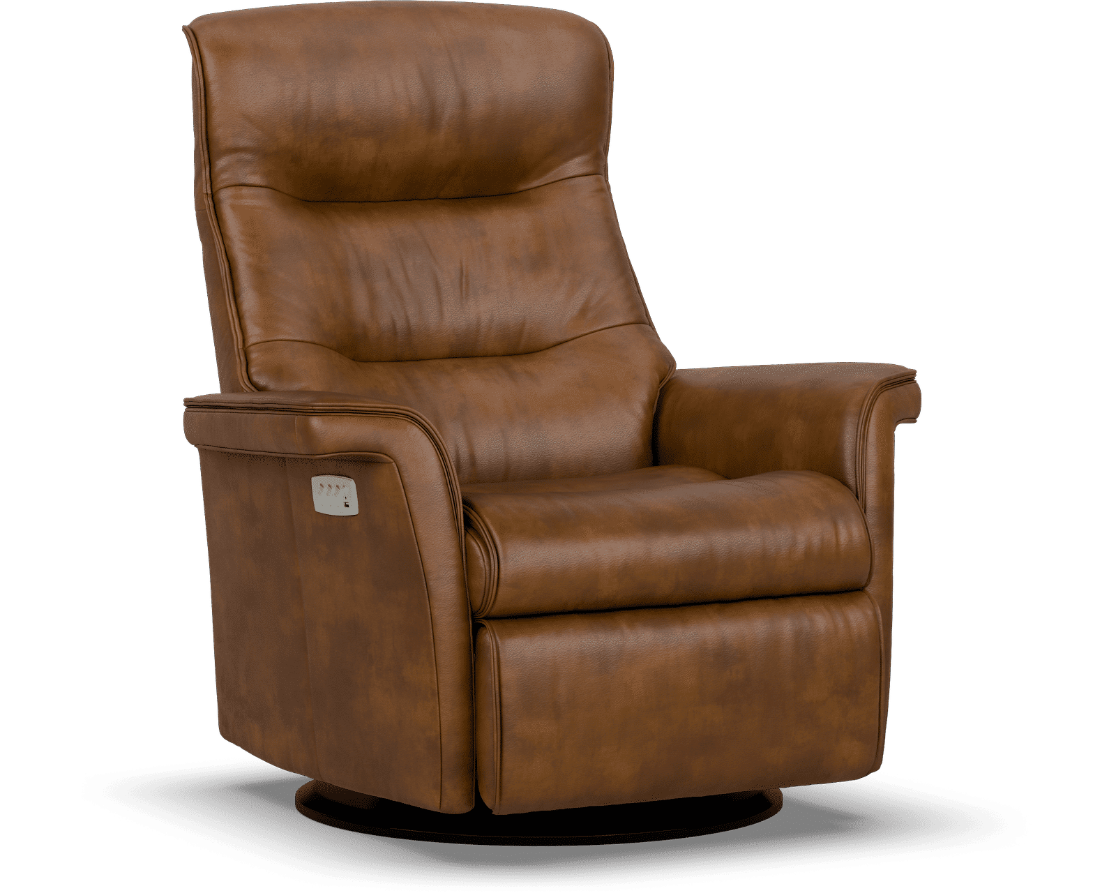 Chelsea Swivel Glider Relaxer Recliner Whiskey (Scandinavian Comfort That Moves With You) In stock - Shown in Top-Grain Leather Color Sauvage Amber 