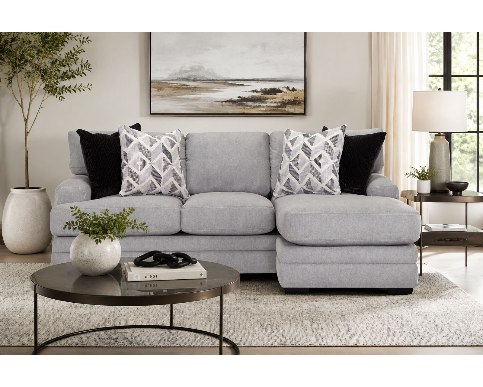 Cleo 99" Sofa with Reversible Chaise (Change the Chaise. Change the Room) - Shown in Durable Polyester Color Pebble