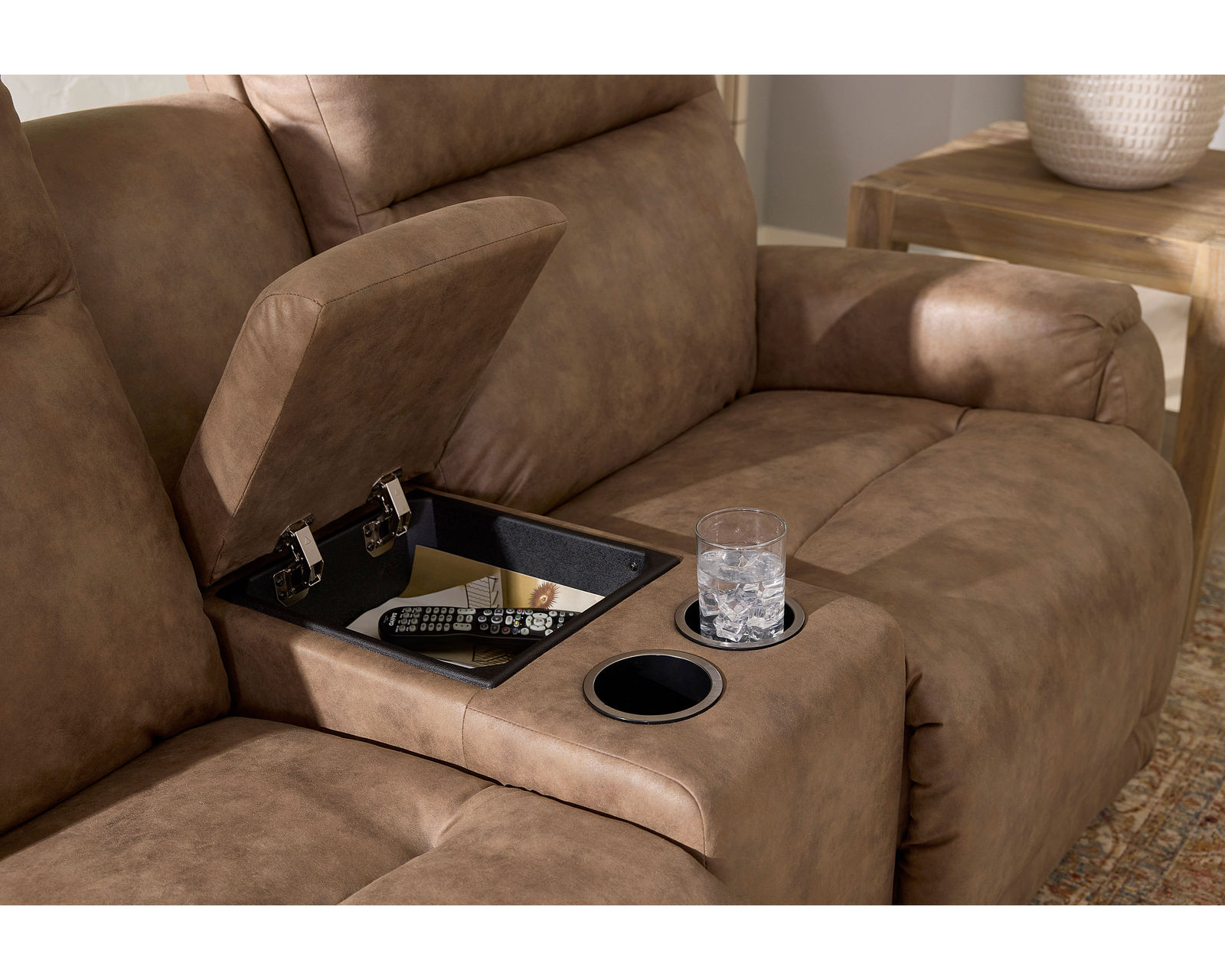 Derek Double Reclining Console Loveseat (+100 fabrics) - Features center storage with cupholders and storage