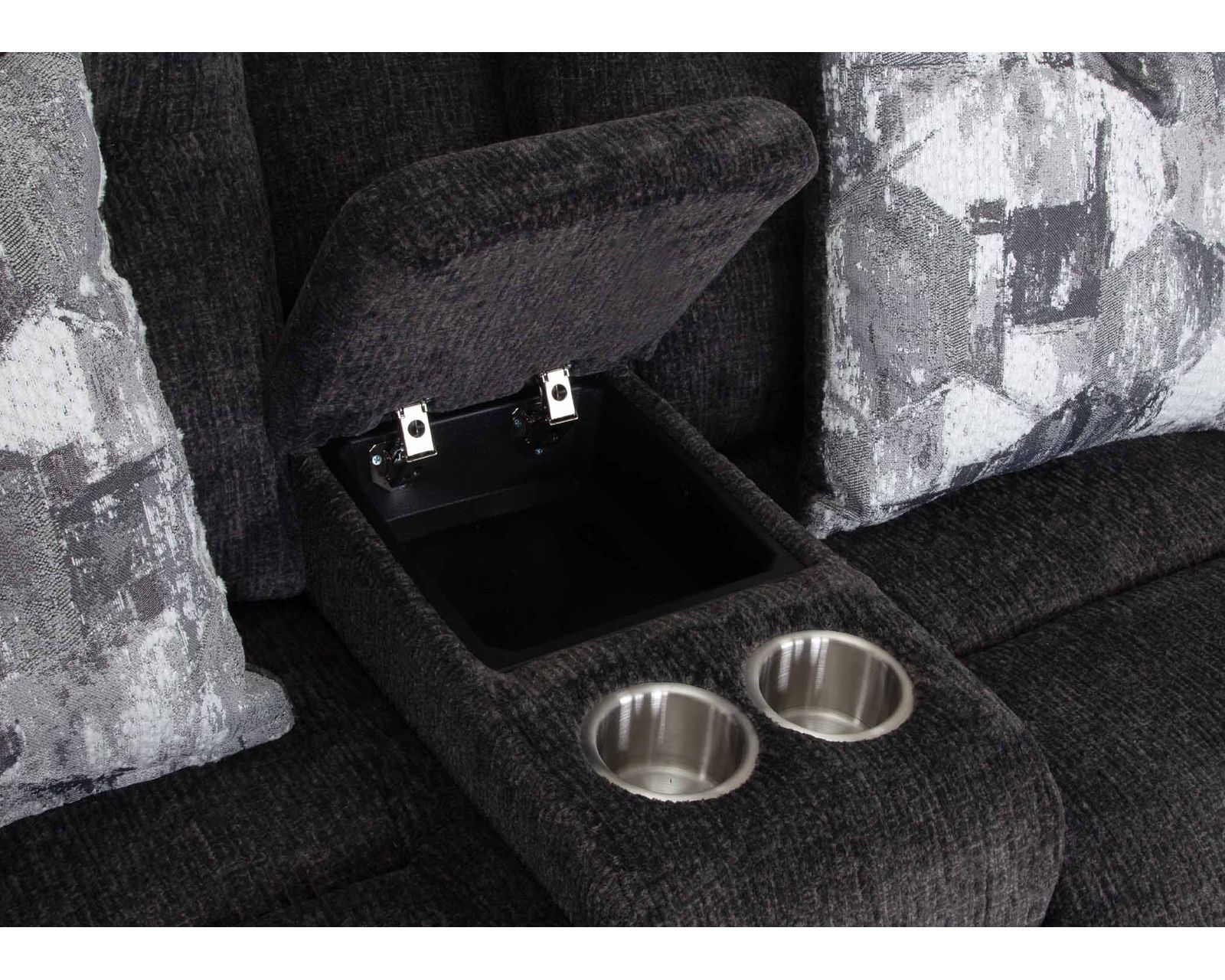 Heston 90" Reclining Sofa with Drop-Down Table & Cupholders Graphite  (Plush Comfort. Smart Convenience. Designed Around the Way You Relax) - Center Console Includes Storage and Metal Cupholders