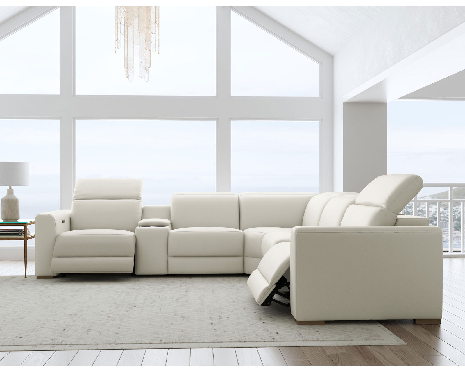 Aurora Leather Power Headrest Power Reclining Sectional (+2 colors) 749-11 - In stock - Layout B: Six Piece Reclining Sectional 134" x 121"