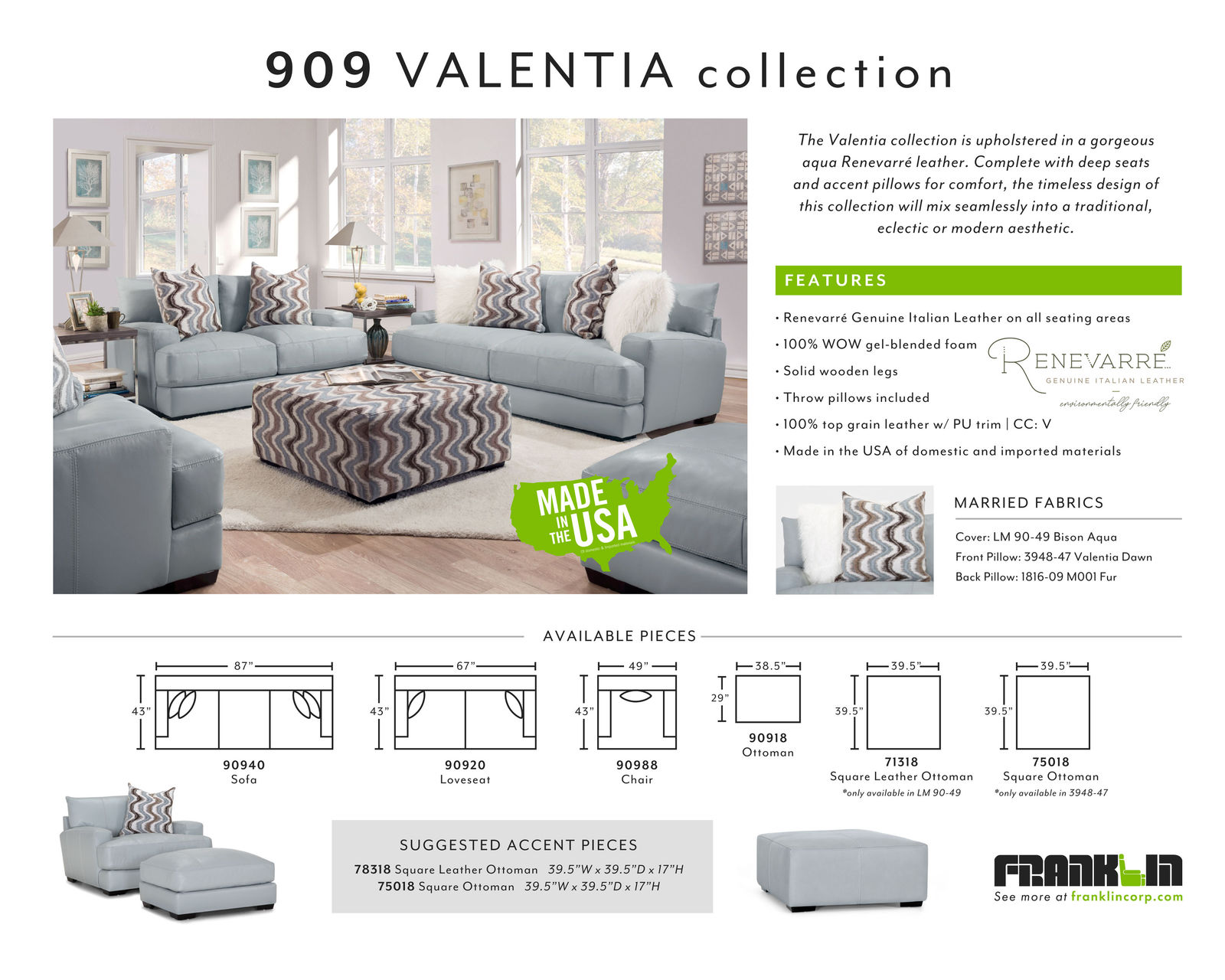 Valentia 909 Stationary Leather Sofa (87") Includes Pillows - Renevarre - Genuine Italian Leather on All Seating Areas