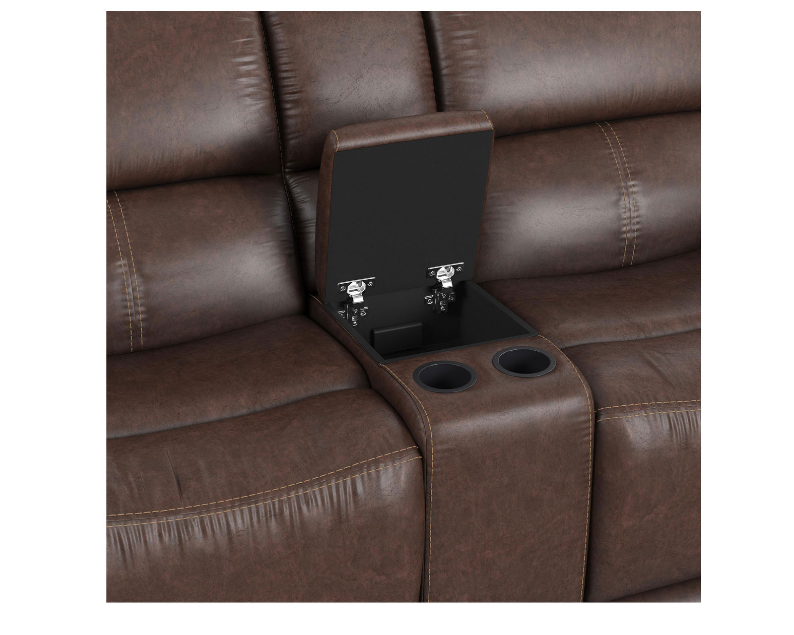 Beau 1011 Power Headrest Power Reclining Console Loveseat (Caramel faux leather fabric) in stock - Center console features storage, cupholders and USB charging