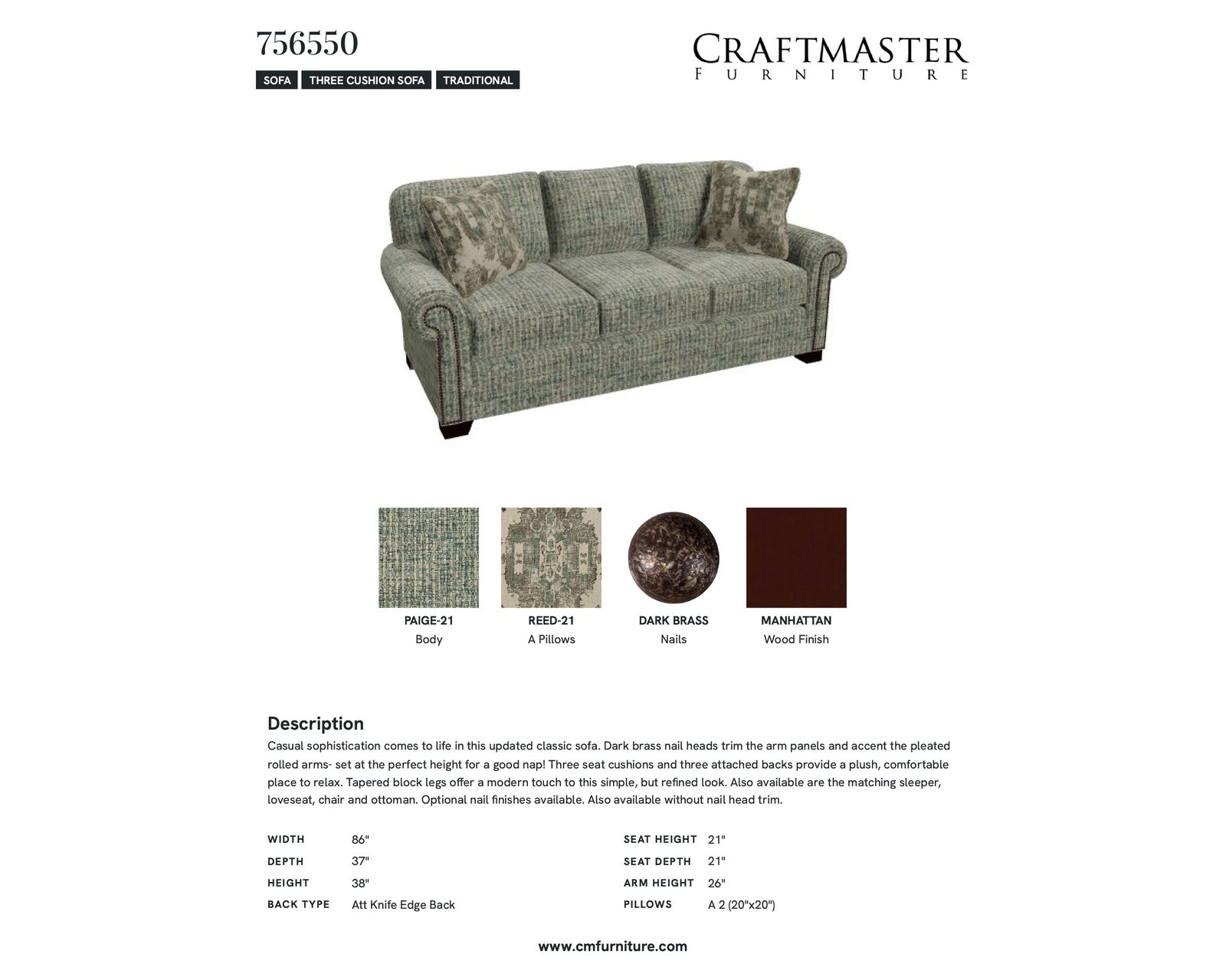 Woodwin 7565 Sofa (86") - IN STOCK PAIGE - Specifications
