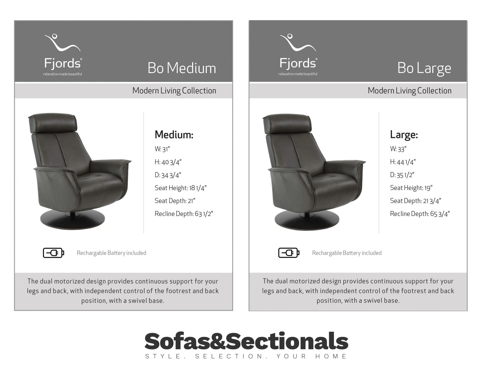 Bo Cordless Dual Power Leather Recliner Slate (2 Sizes) In stock - Fast shipping - Two sizes available