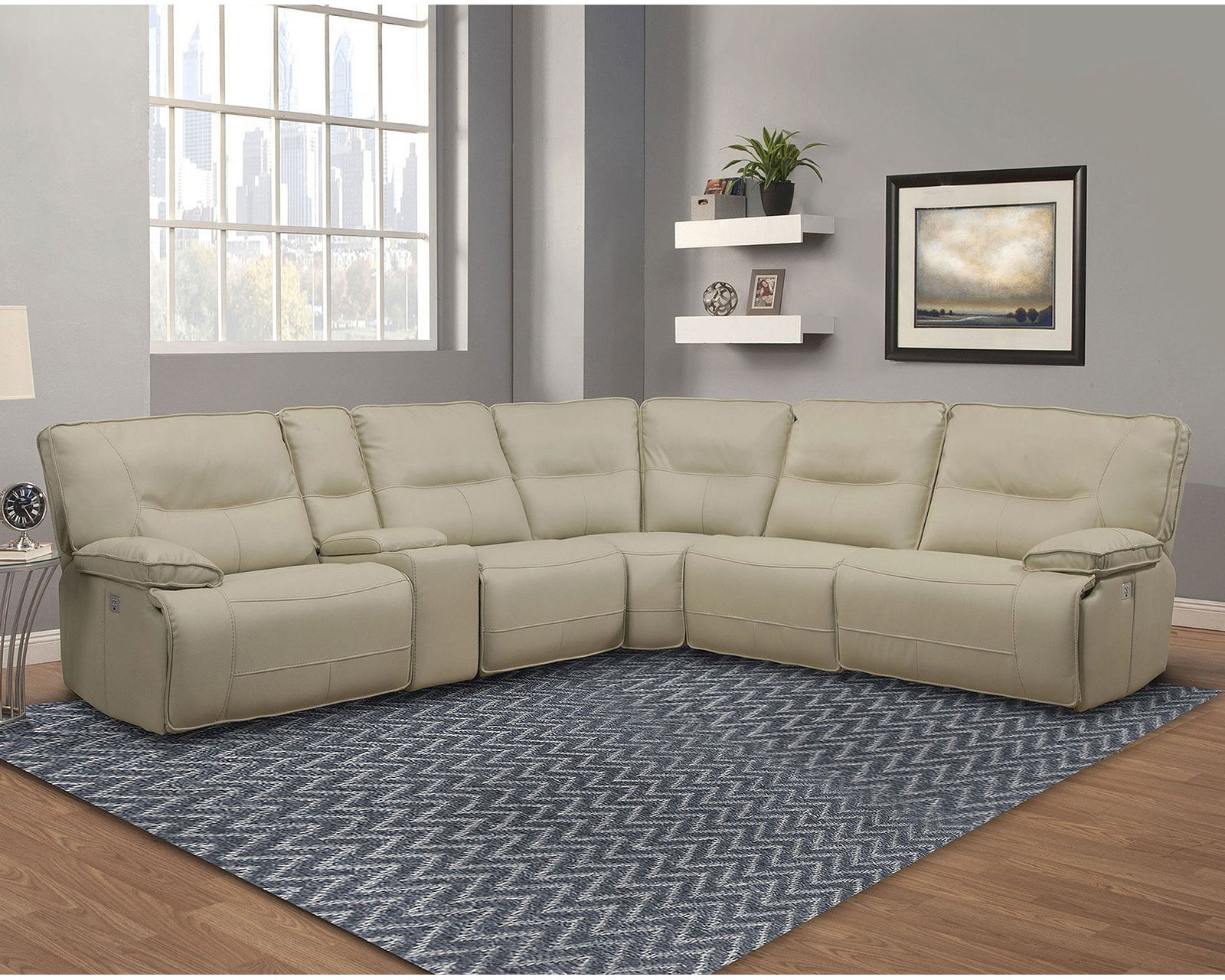 Spartacus Power Headrest Power Reclining Sectional Oyster (Leather like fabric) In stock - Fast shipping - Layout B:  Six Piece Reclining Sectional 133" x 120"