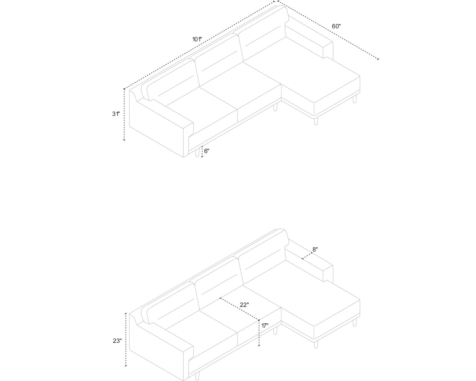 Remi 77159 Chaise Sectional (101" x 60") +50 fabrics - Dimensions