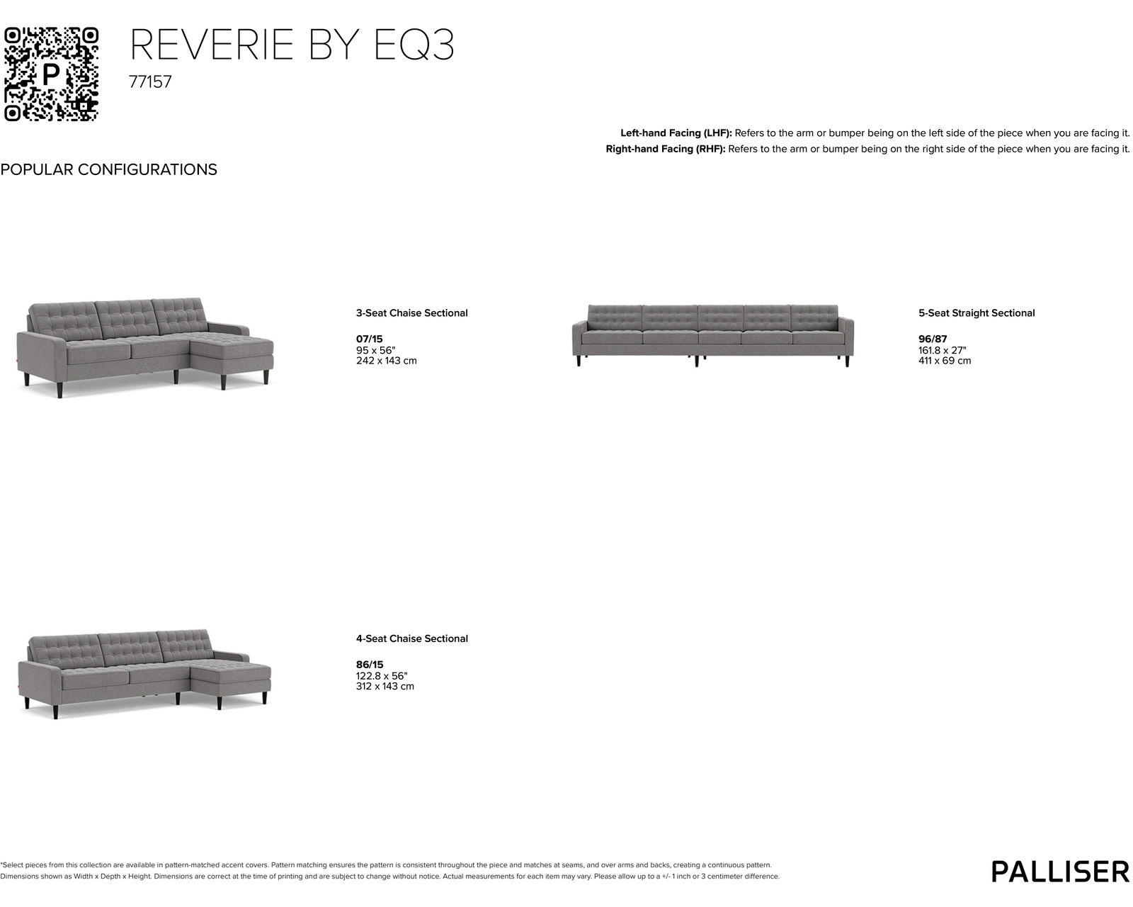 Reverie 77157 Sectional (92"wide - reversible) +50 fabrics - Popular Configurations