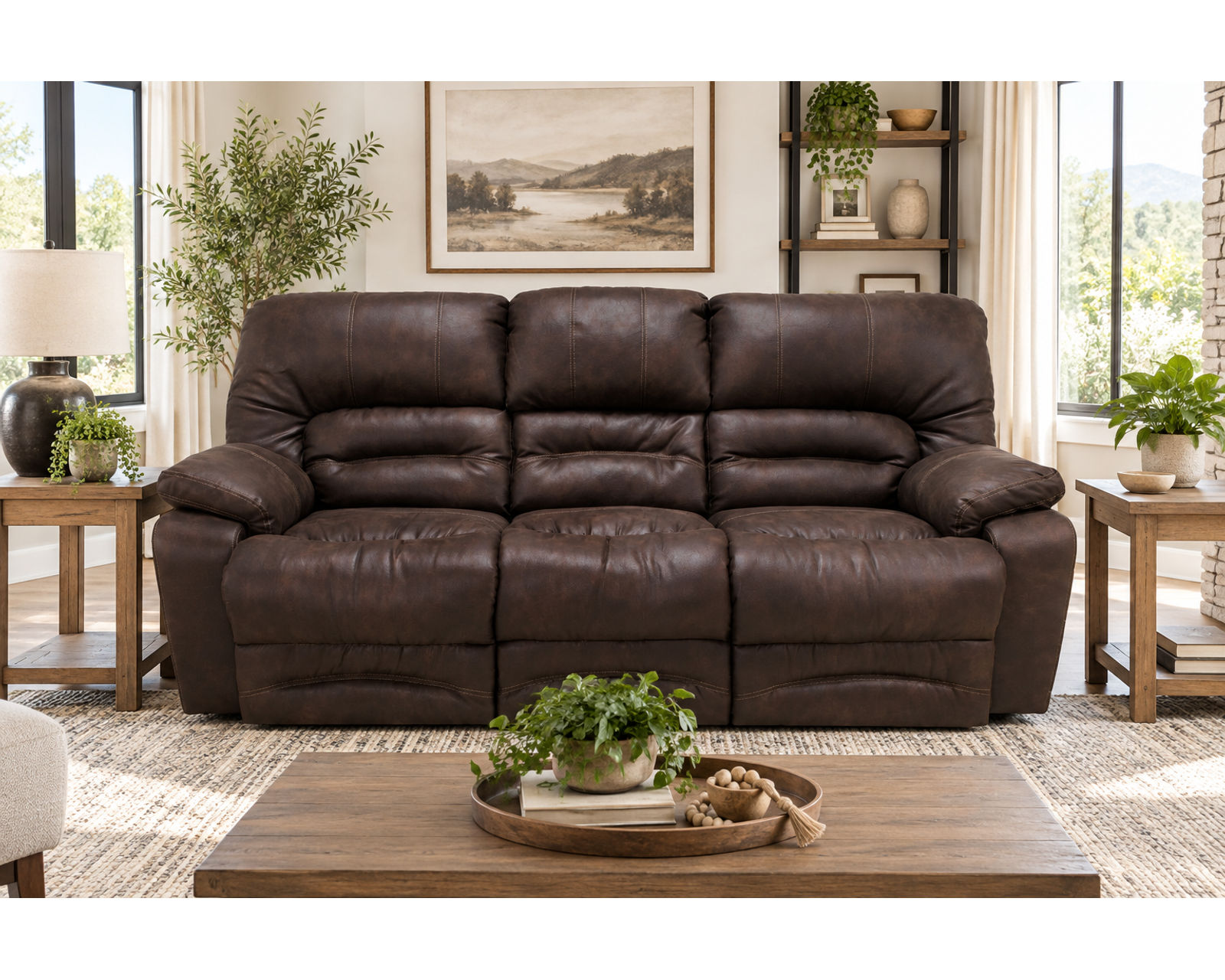 Legacy 88" Reclining Sofa with Drop-Down Table & Lights (Classic Reclining Comfort. Smart Features for Everyday Living) - Shown in a Leather Like Durable Polyester Fabric Chocolate