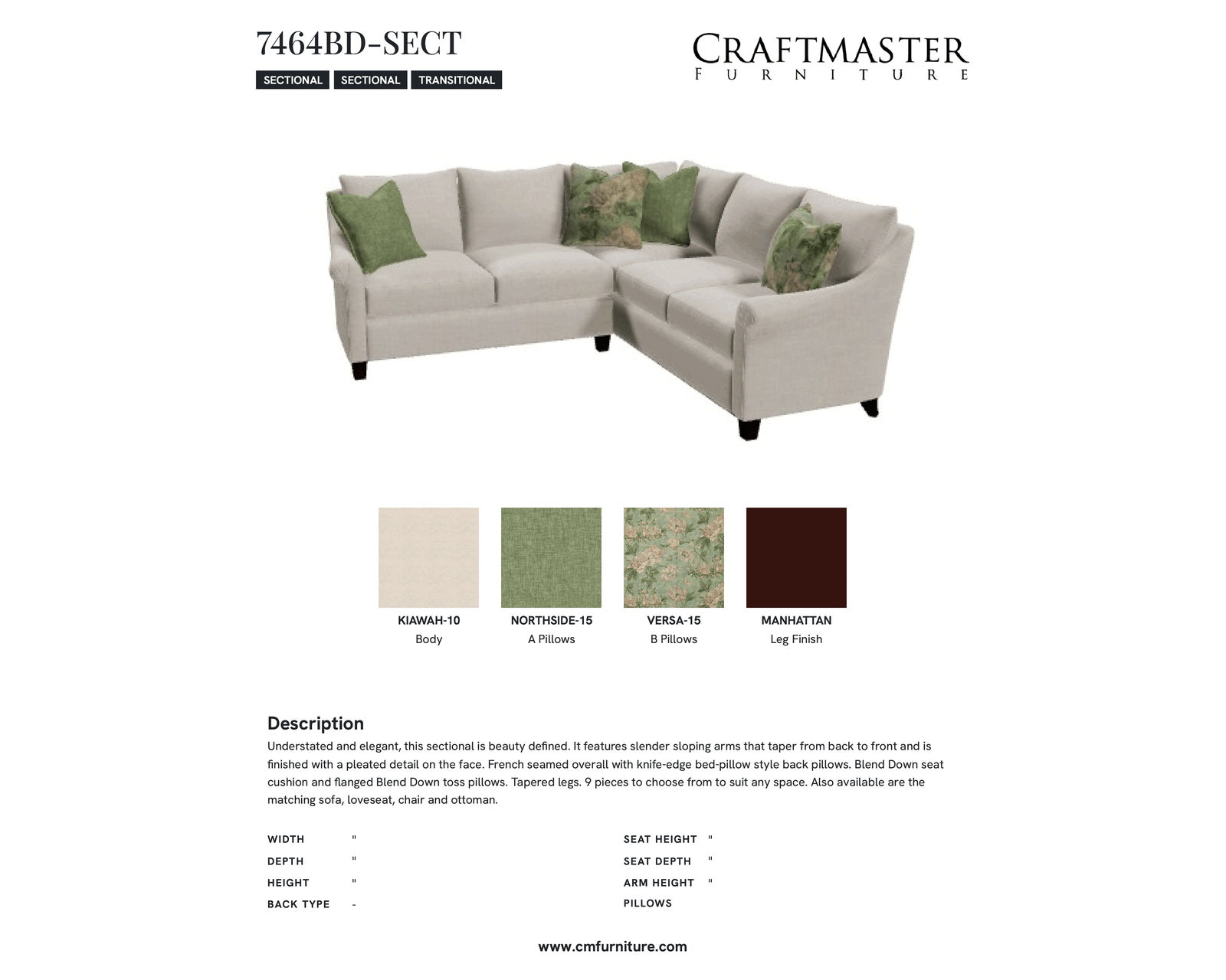 Shefield 7464 Sectional (+100 performance fabrics) - Specifications