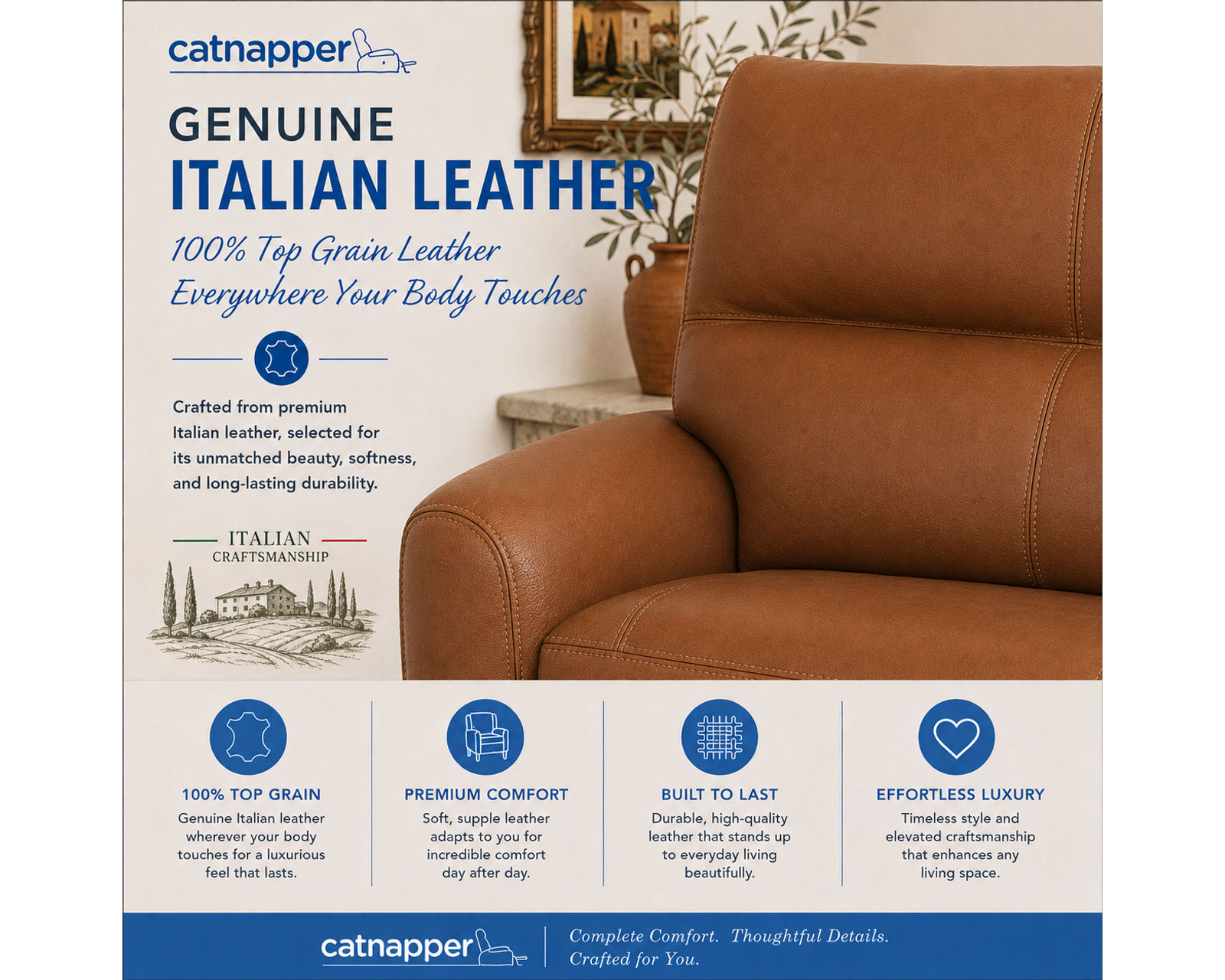 Ceretti 87" Italian Leather Brass Nail Head Power Reclining Sofa - Genuine Italian Leather