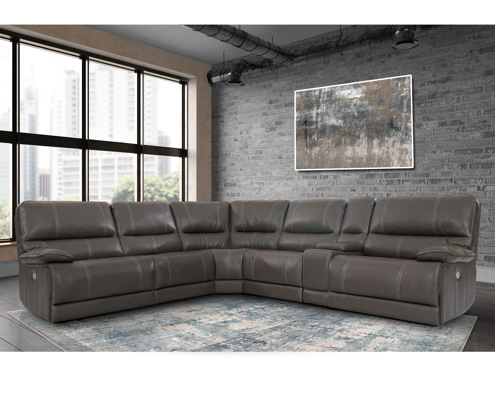 Shelby Power Headrest Power Reclining Sectional in Cabrera Haze (Leather like fabric) - Shelby 6 Piece Power Headrest Power Reclining Sectional in Cabrera Haze