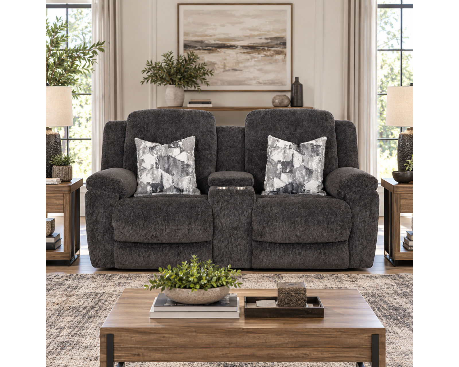 Heston 90" Reclining Sofa with Drop-Down Table & Cupholders Graphite  (Plush Comfort. Smart Convenience. Designed Around the Way You Relax) - Shown in Durable Polyester Color Graphite