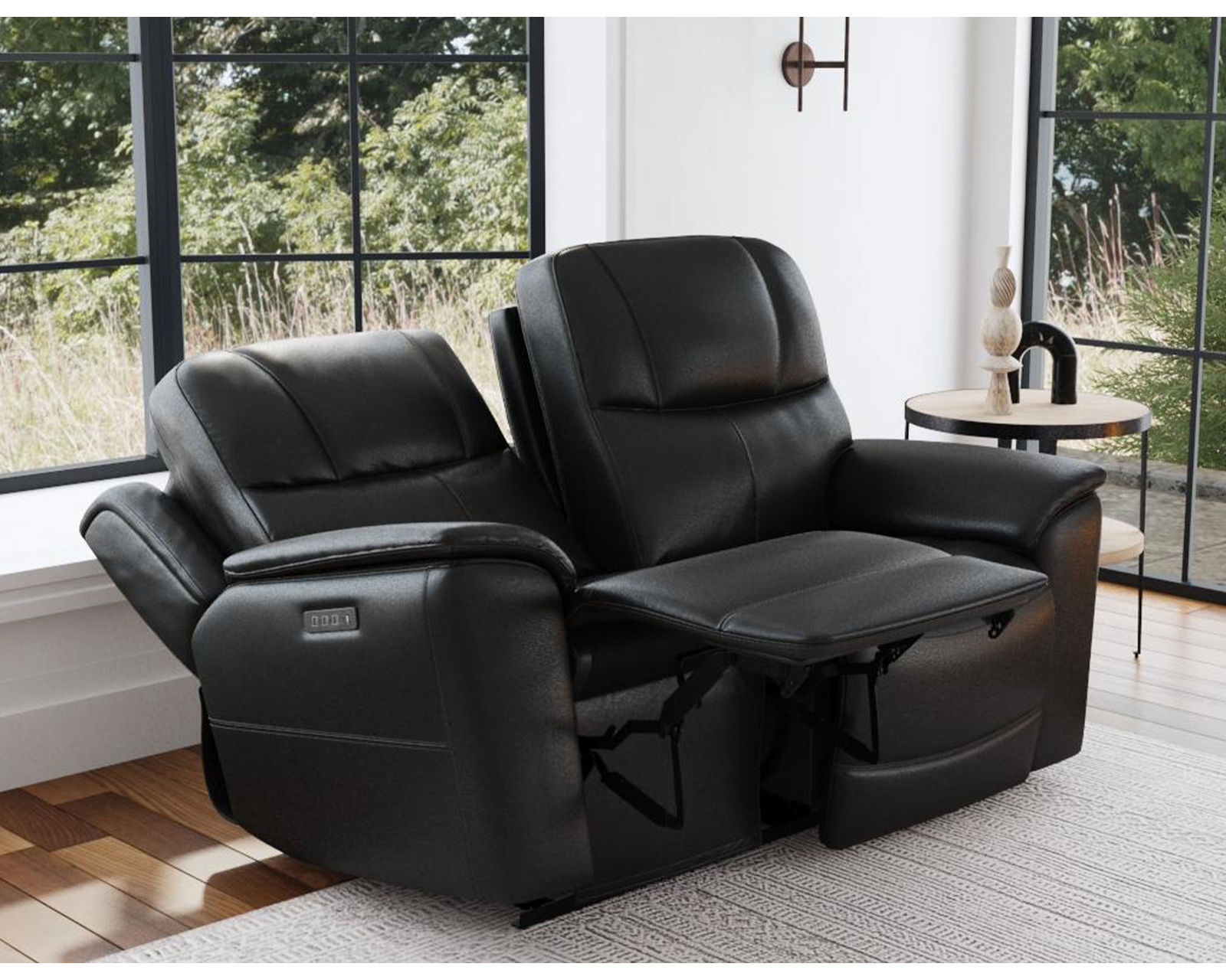 Crew Power Reclining Loveseat with Console, Power Headrests & Lumbar (Black leather) in stock - Crew Power Reclining Loveseat with Power Headrests & Lumbar