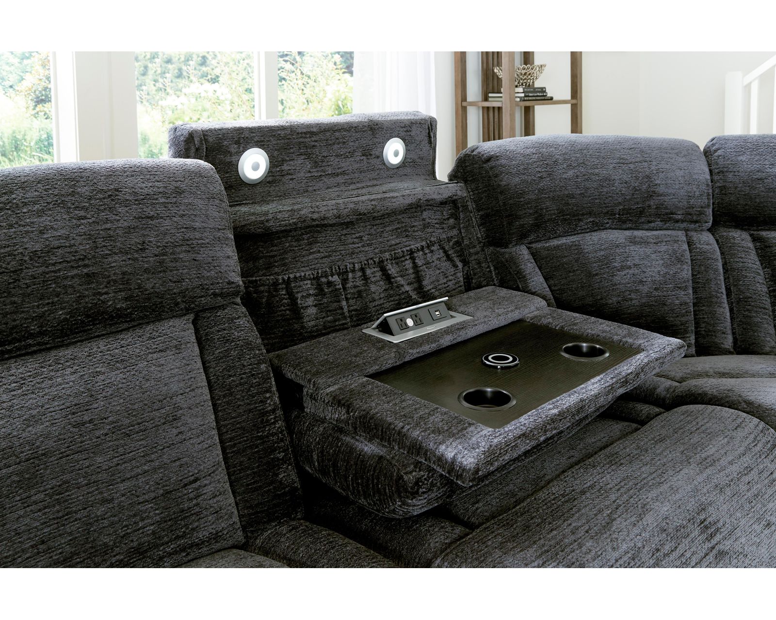 Dalton 6 Piece Power Reclining Sectional Charcoal (In Stock - Fast shipping) - Features Drop Down Table with lights,USB, Power Plug In and Cupholders