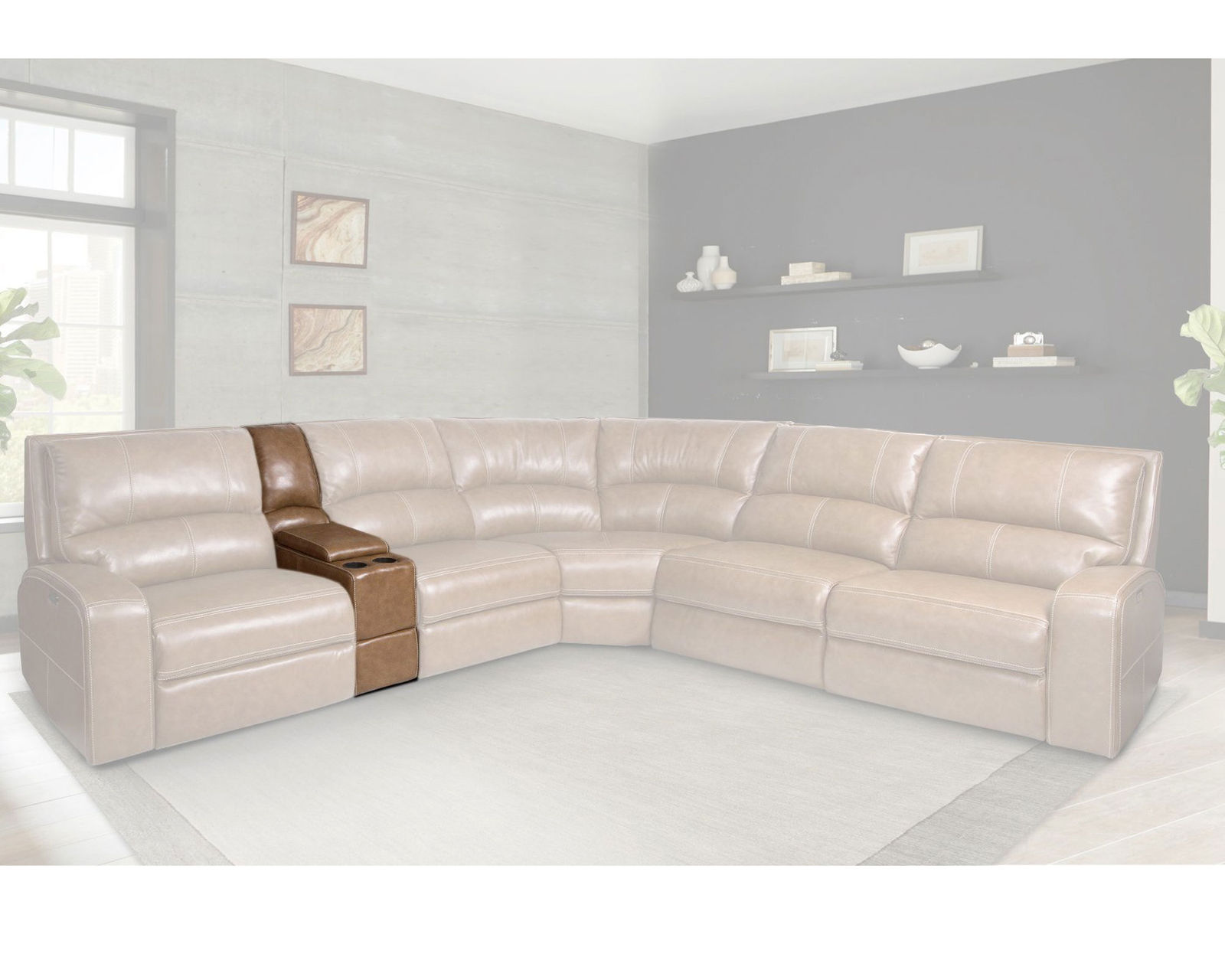 Swift Power Headrest Power Reclining Sectional Bourbon Leather  (In stock - Fast shipping) - Entertainment Console