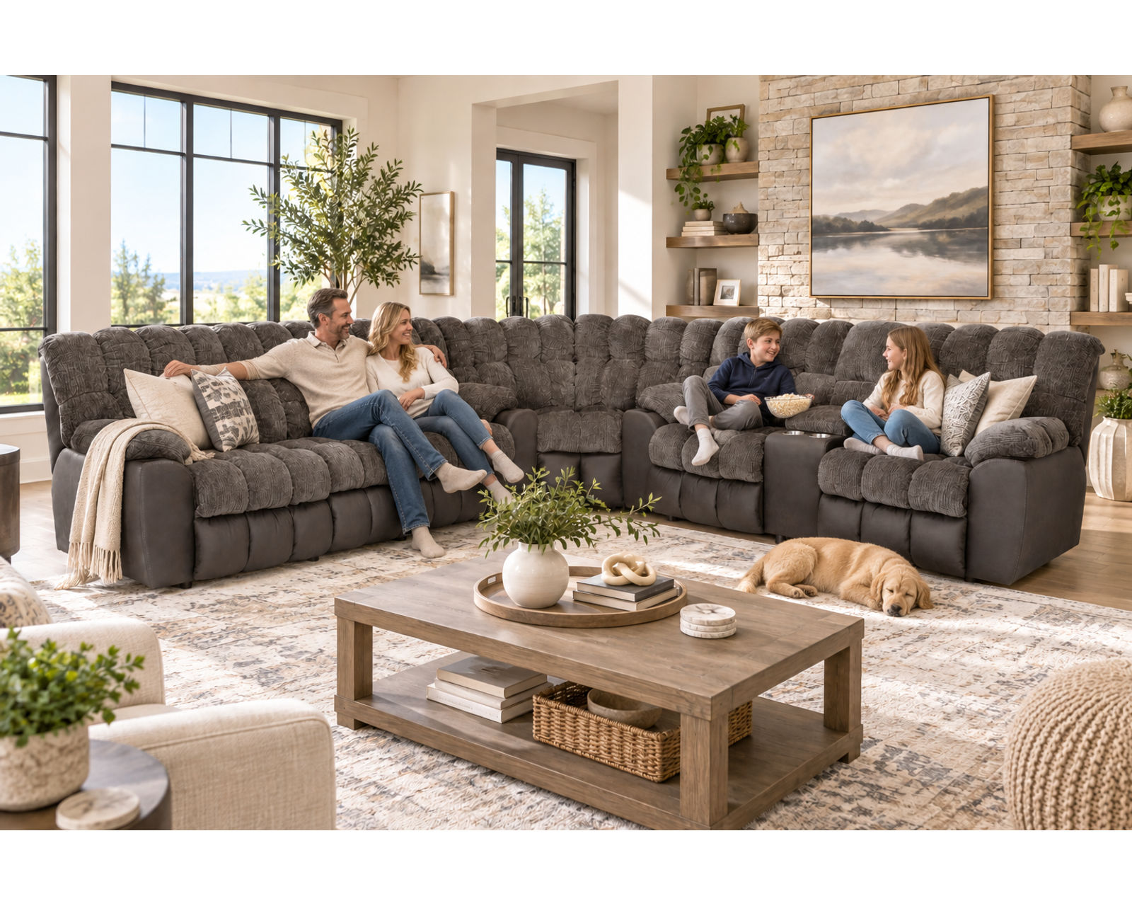 Westwood 341 Three-Piece Reclining Sectional (Big Comfort. Built-In Convenience. Made for the Whole Family) 4 recliners - Westwood — Movie-Night Comfort. Entertainment Built Right In.