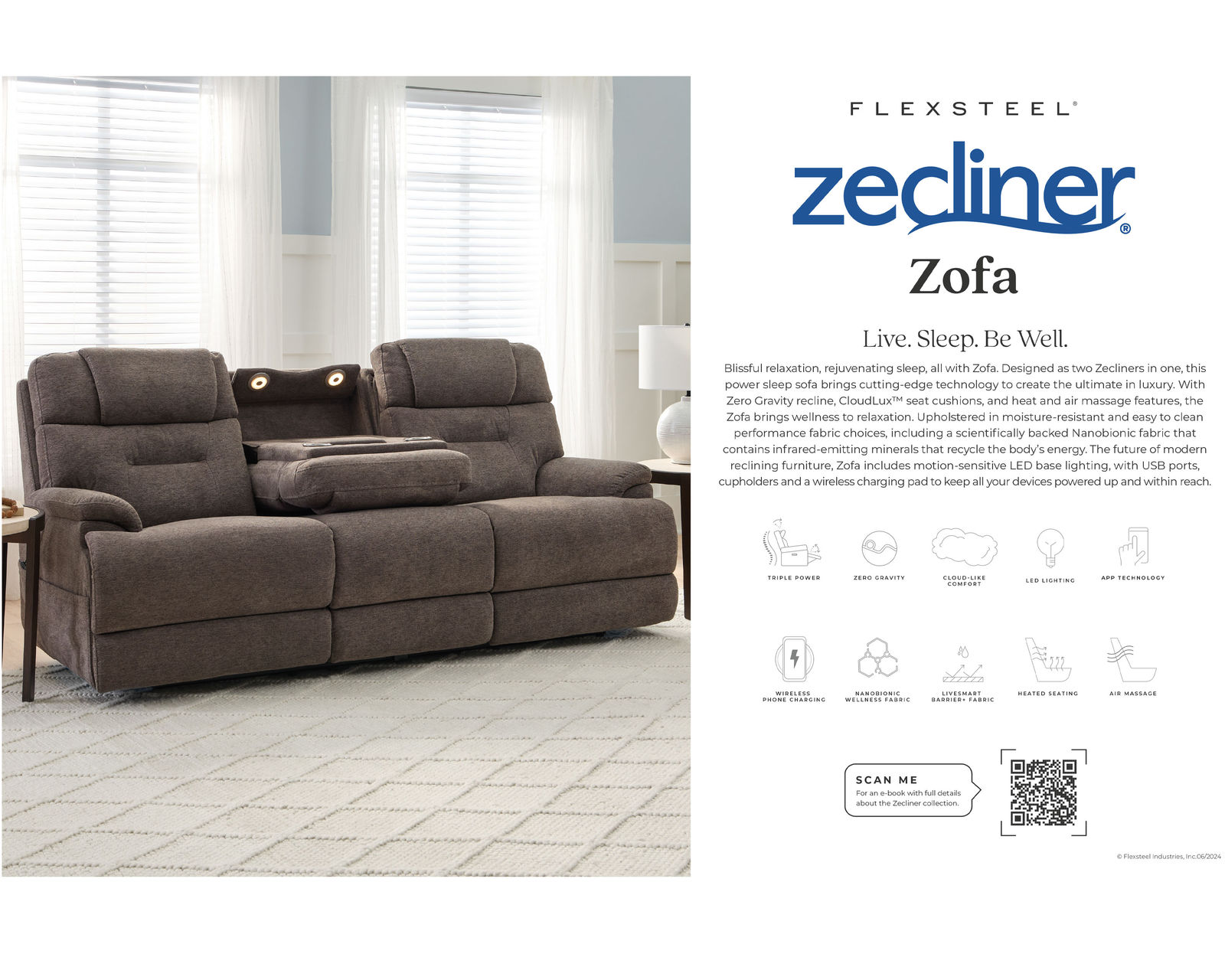 Zofa 1080 Power Sleep Sofa with Zero Gravity, Power Headrests, Lumbar Heat and Massage (3 colors) in stock