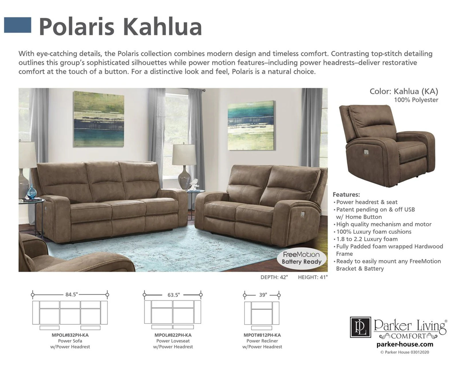 Polaris Power Recliner w/ Power Headrest Kahlua (In stock - Fast shipping)