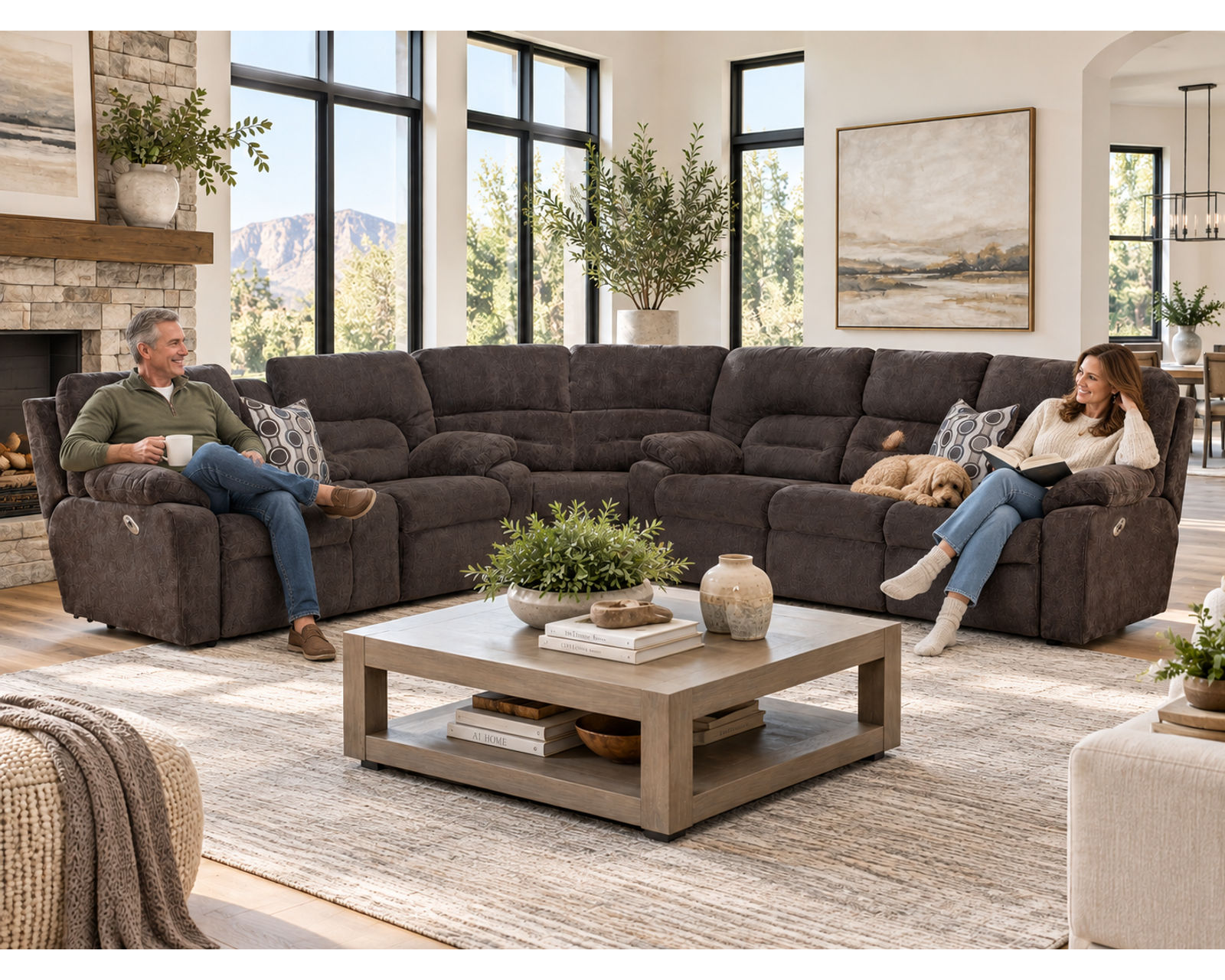 Tribute 797 Three-Piece Dual Power Reclining Sectional (center drop-down table - built-in reading lights, stainless-steel cupholders, USB charging and wireless charging - drop down table) - Motion Made for Real Life.
