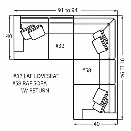 Layout E: Two Piece Sectional 91" x 91" (Size varies due to arm selection)