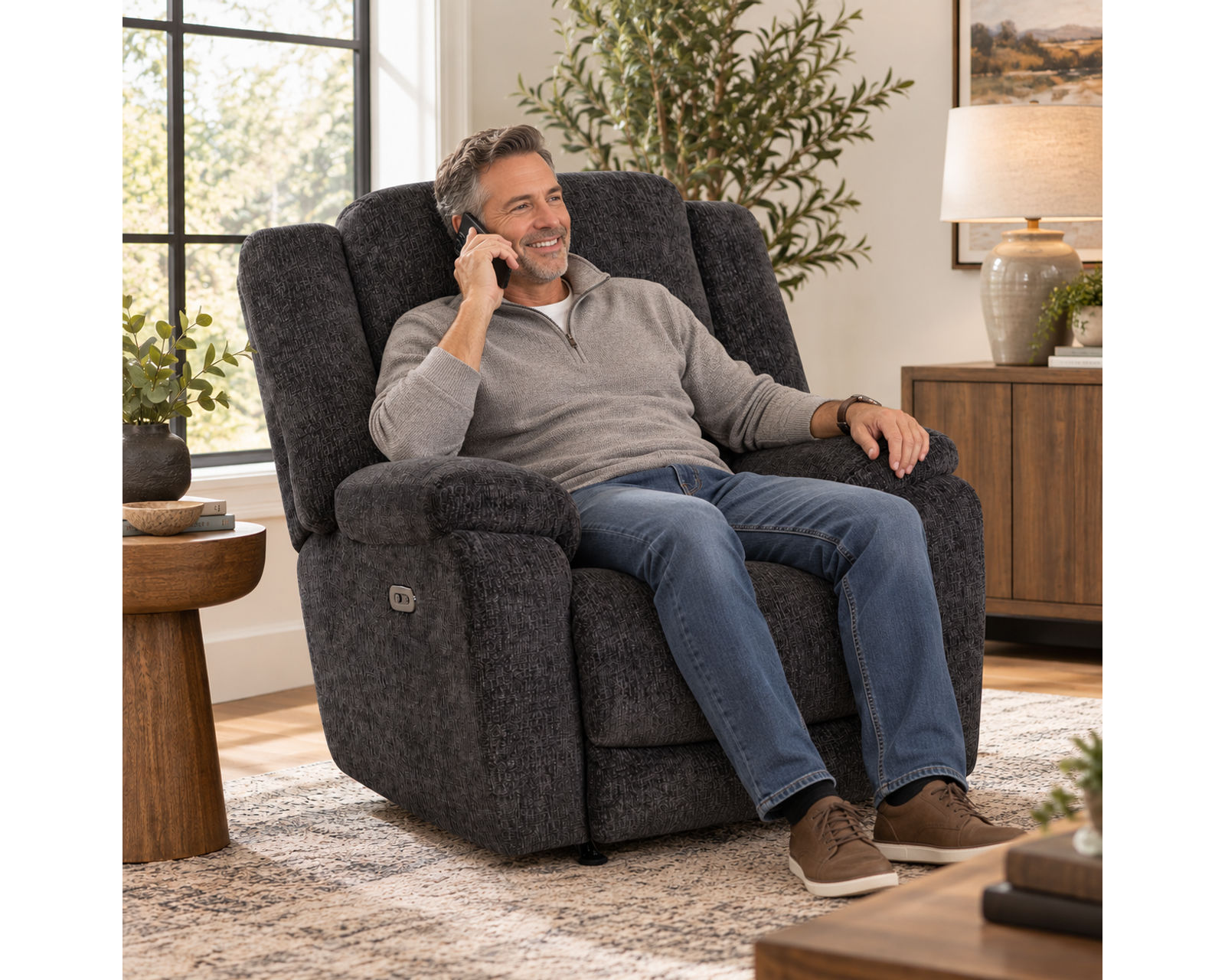 Heston 90" Reclining Sofa with Drop-Down Table & Cupholders Graphite  (Plush Comfort. Smart Convenience. Designed Around the Way You Relax) - Built Strong. Made to Move.