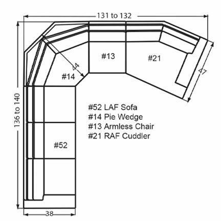 Layout T: Four Piece Sectional 136" x 131" x 47" (Size varies due to arm selection)
