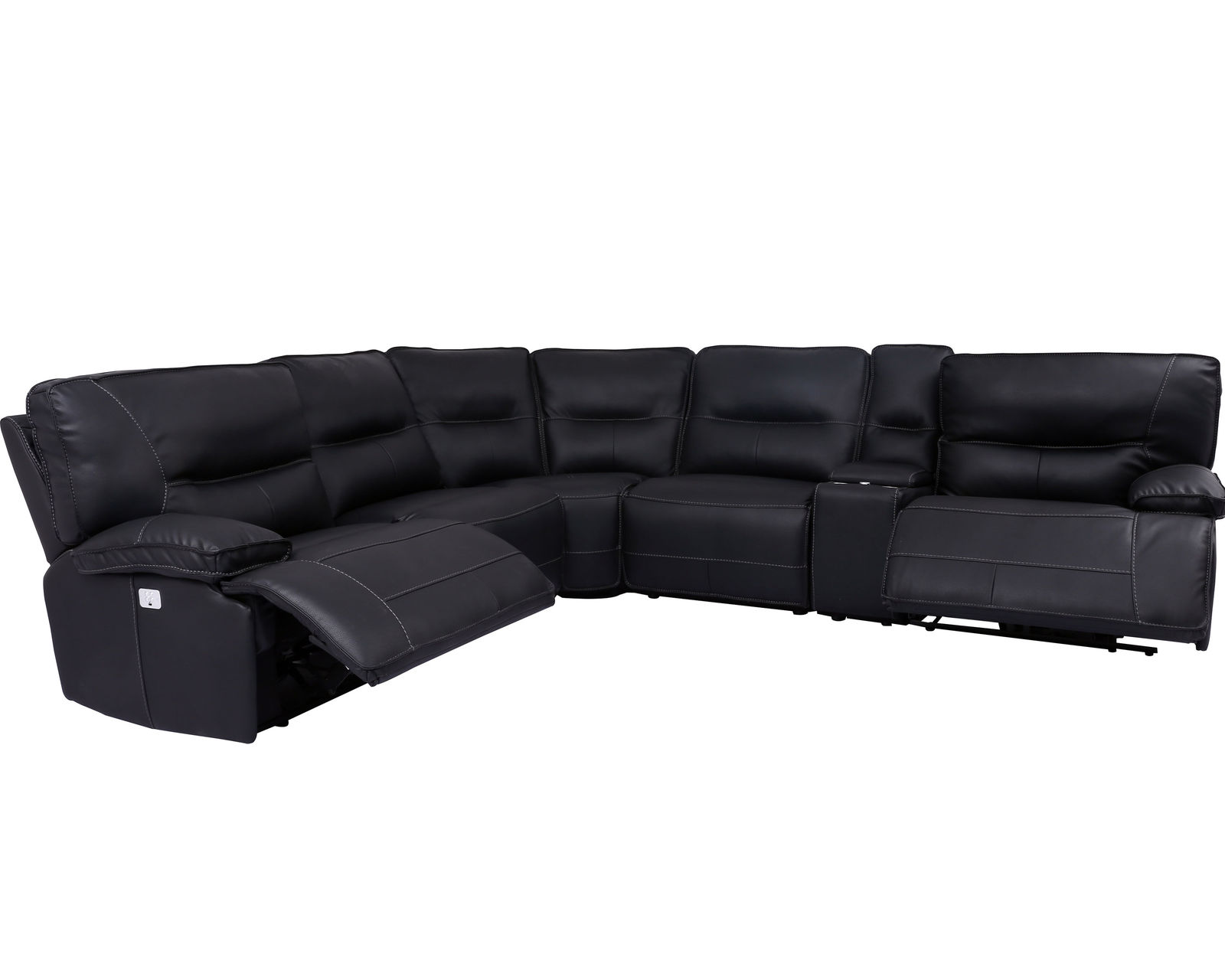 Spartacus Power Headrest Power Reclining Sectional Black (Leather like fabric) In stock - Fast shipping - Layout C:  Six Piece Reclining Sectional 120" x 133"