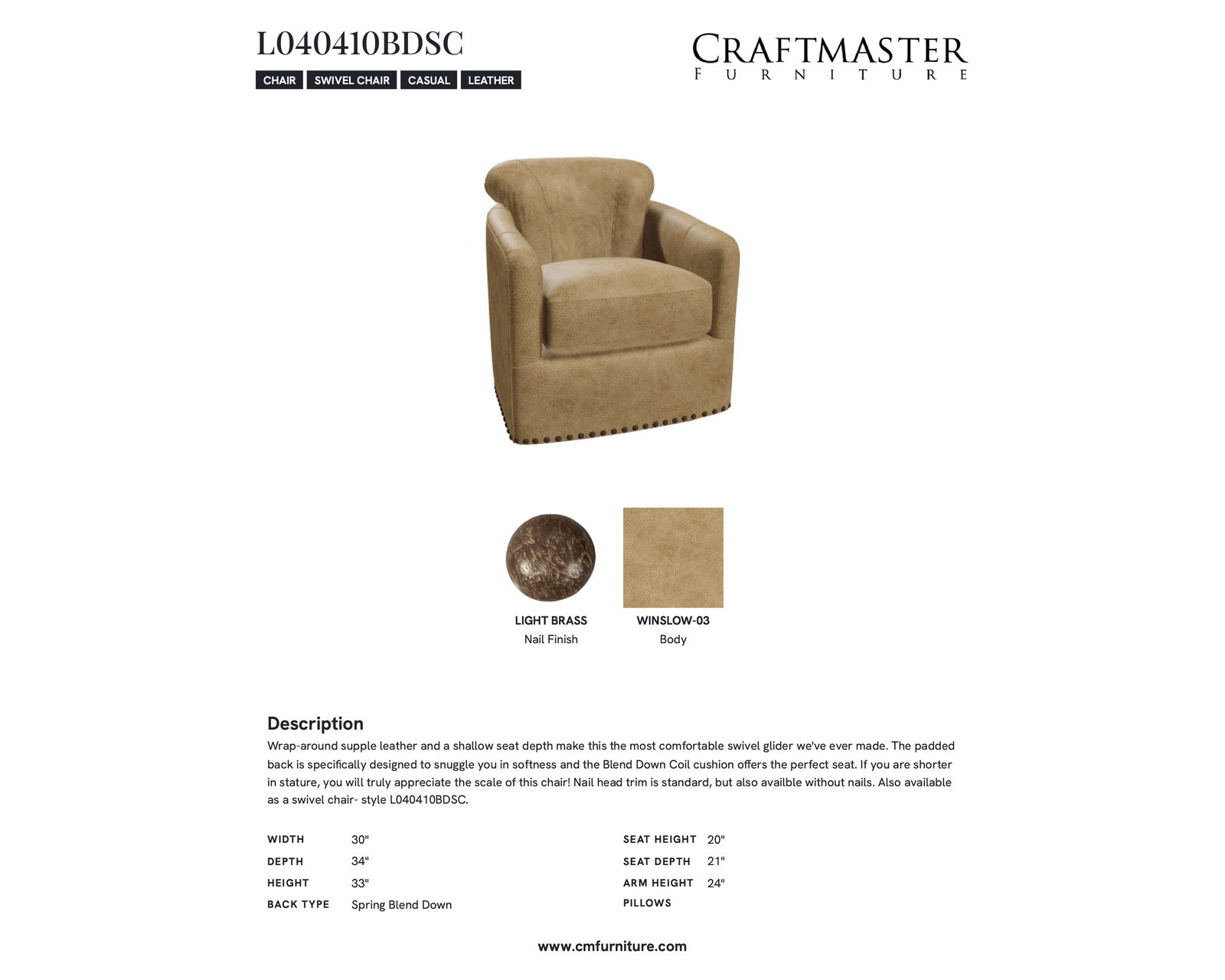 Troy L0404 Swivel Glider (+40 leathers) - +40 top-grain leathers and choice of nailhead trim