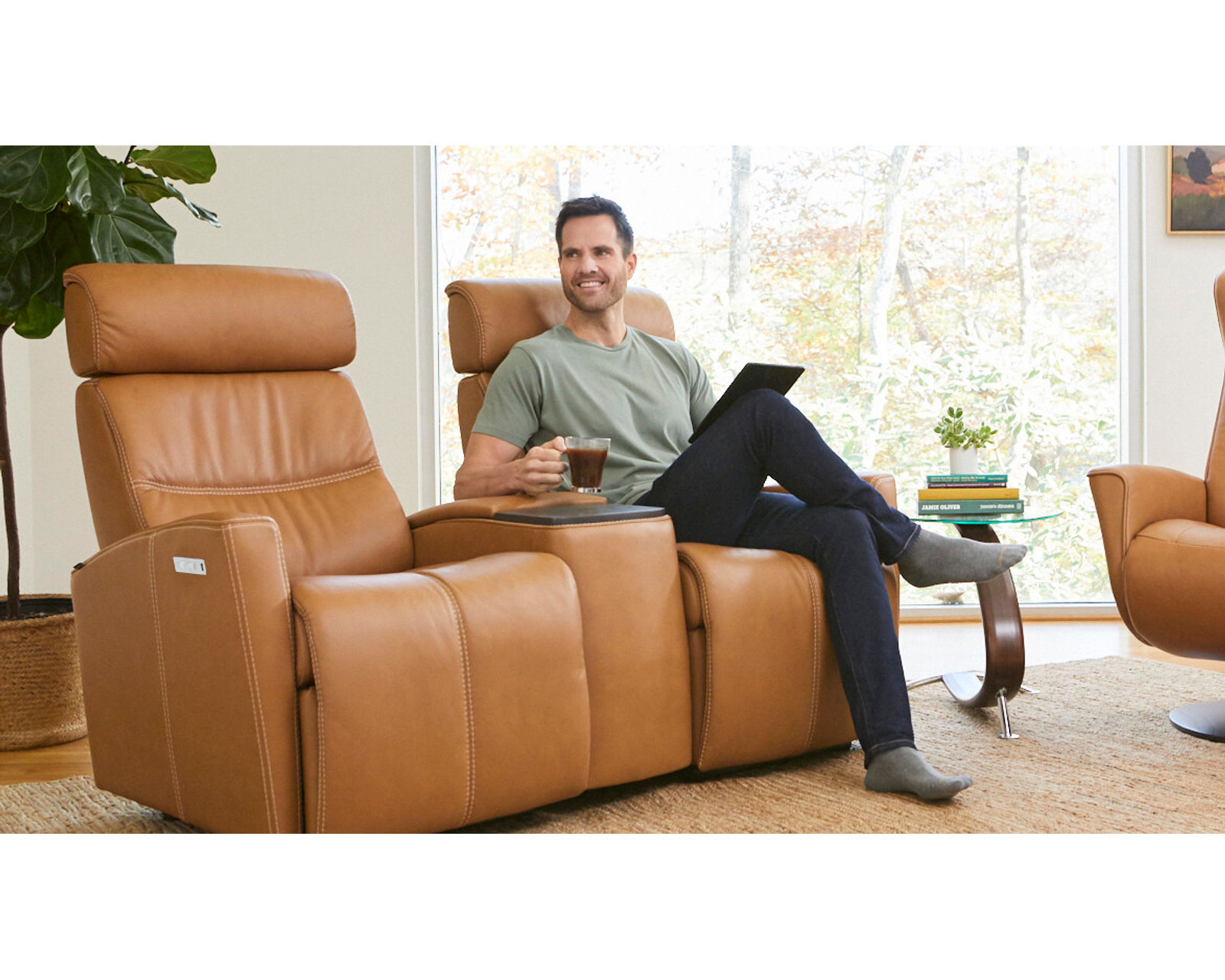 Milan Three Piece Home Theater Sectional (2 Power Recliners) Cognac - In stock - Fast shipping - 63" wide