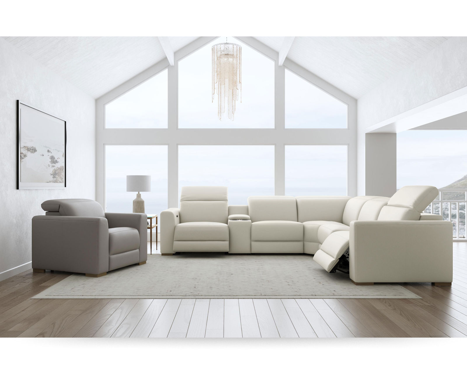 Aurora Leather Power Headrest Power Reclining Sectional (+2 colors) 749-11 - In stock - Layout B: Six Piece Reclining Sectional 134" x 121"