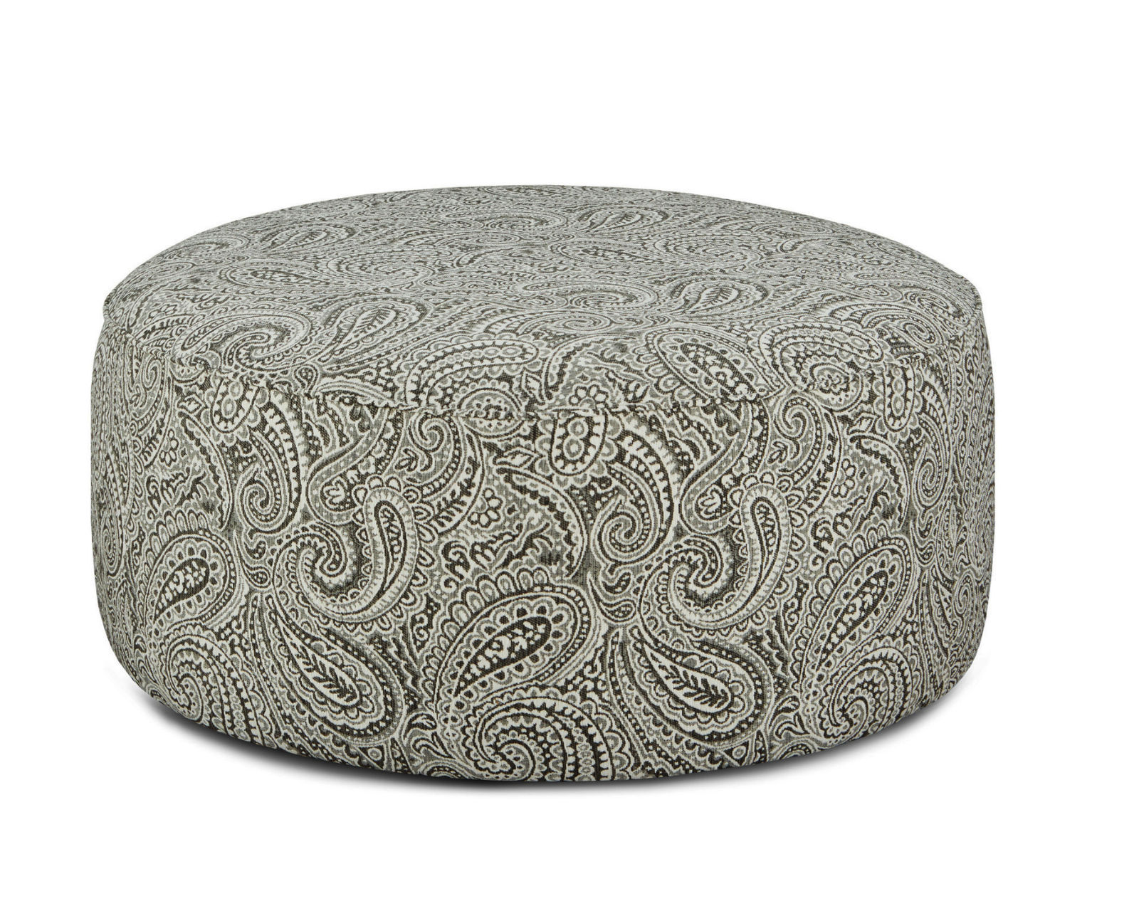 Homecoming Stone Three Piece Chaise Sectional (performance fabric) 96" x 140" - Regency Iron 39" Round Cocktail Ottoman - performance fabric