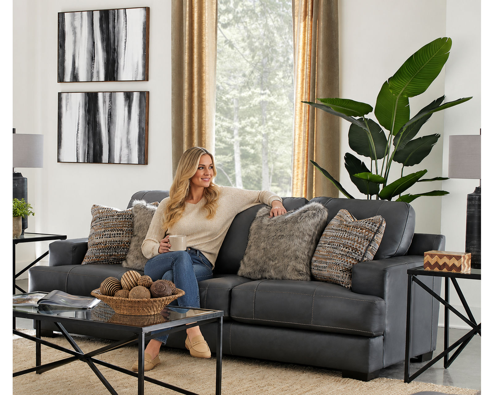 Marco 92" Top Grain Leather Sofa 2 colors (in stock) includes pillows