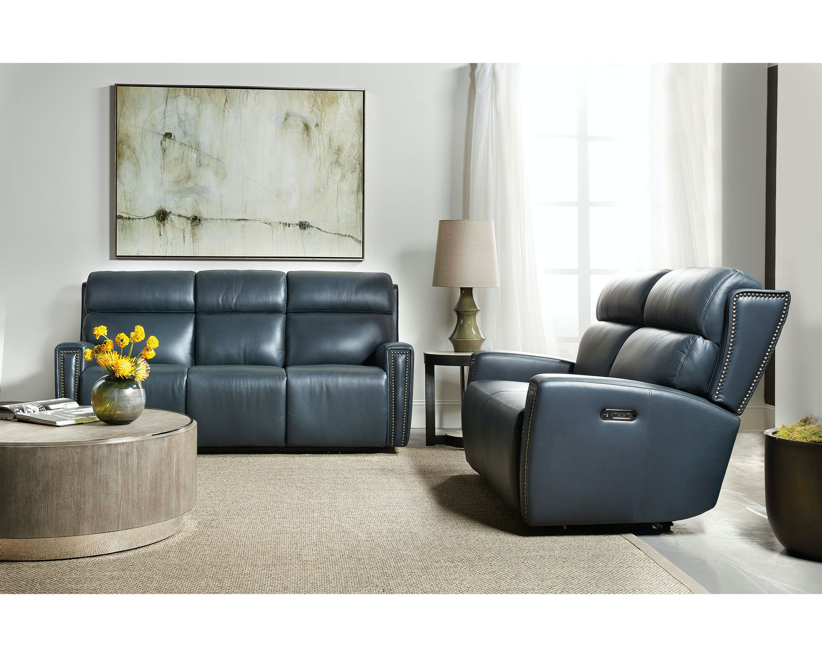 Ruthe ZeroGravity Power Sofa w/Power Headrest & Hidden Console (Denim Top Grain Leather) In stock - Fresh twist on a wing chair profile and traditional brass nailhead trim.