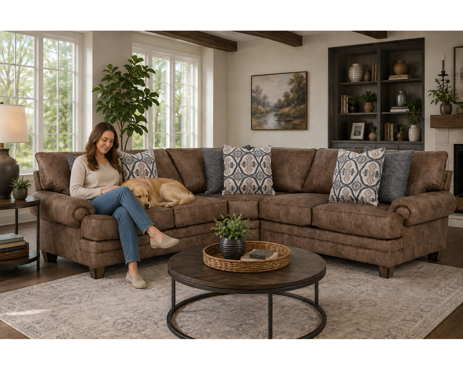 Sicily 957 Modular Sectional (The Rich Look of Worn Leather. The Comfort of Fabric) - Includes All Accent Pillows