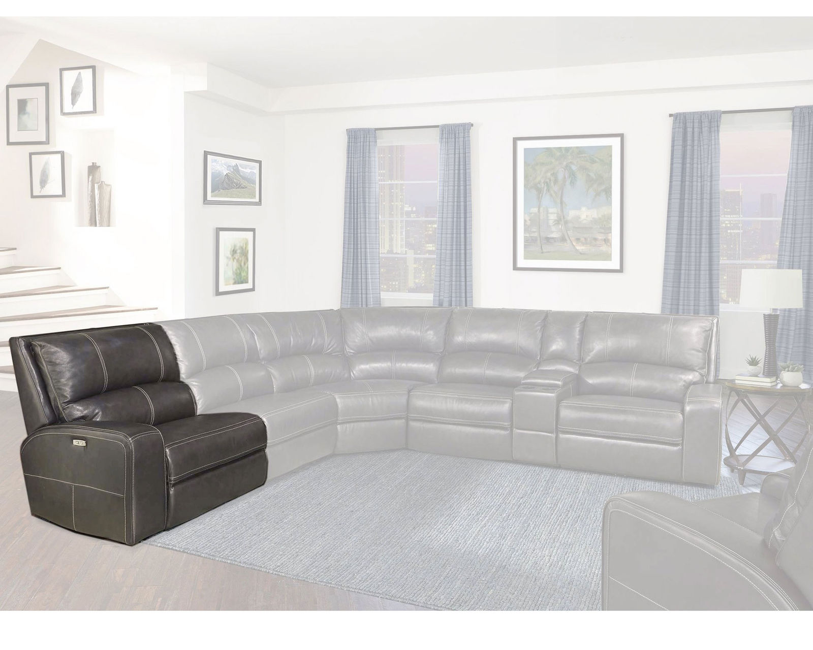 Swift Power Headrest Power Reclining Sectional Twilight Leather  (In stock - Fast shipping) - Left Facing Power Recliner with Power Headrest